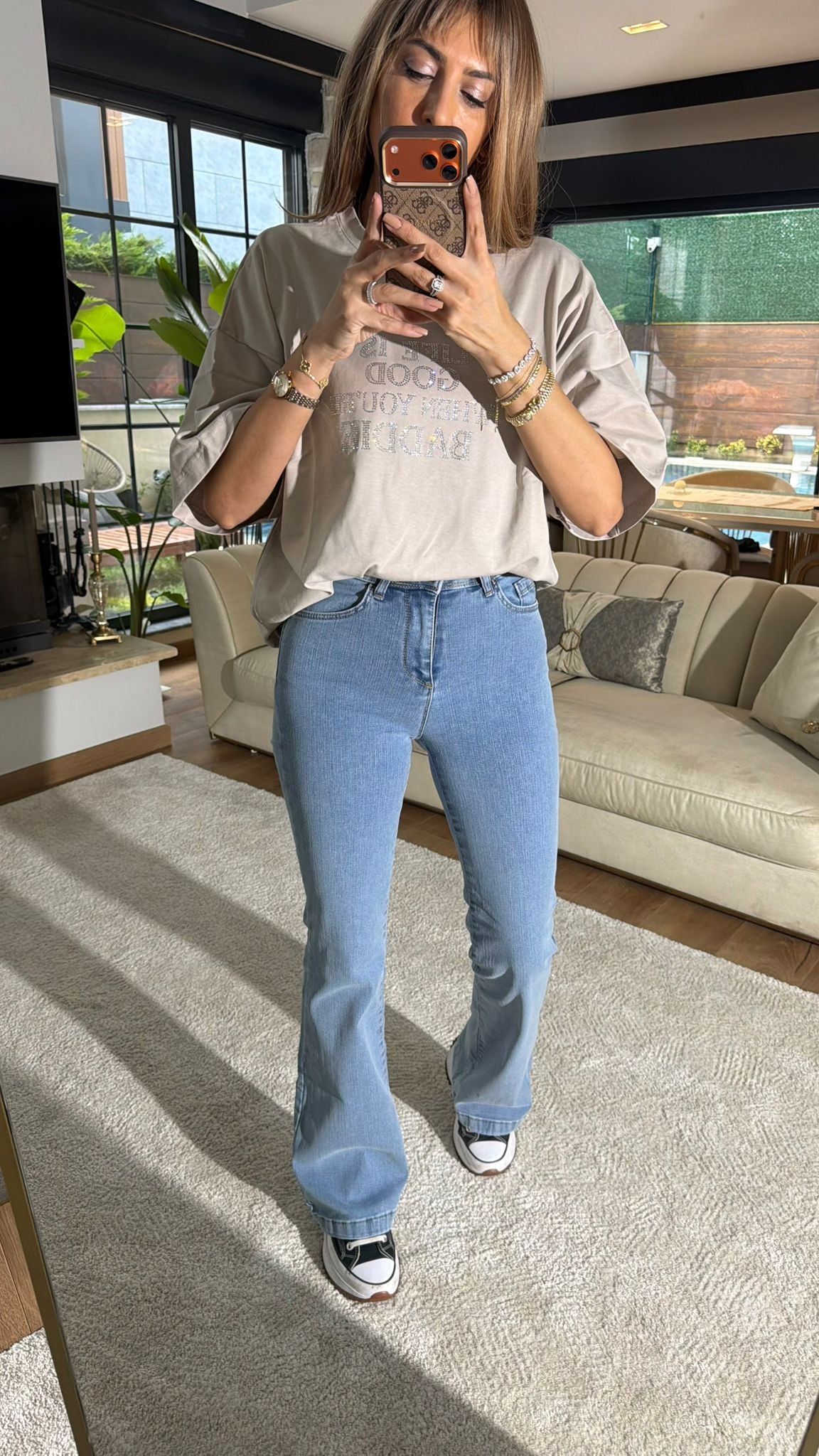 Yüksek Bel İspanyol Paça Kot Pantolon