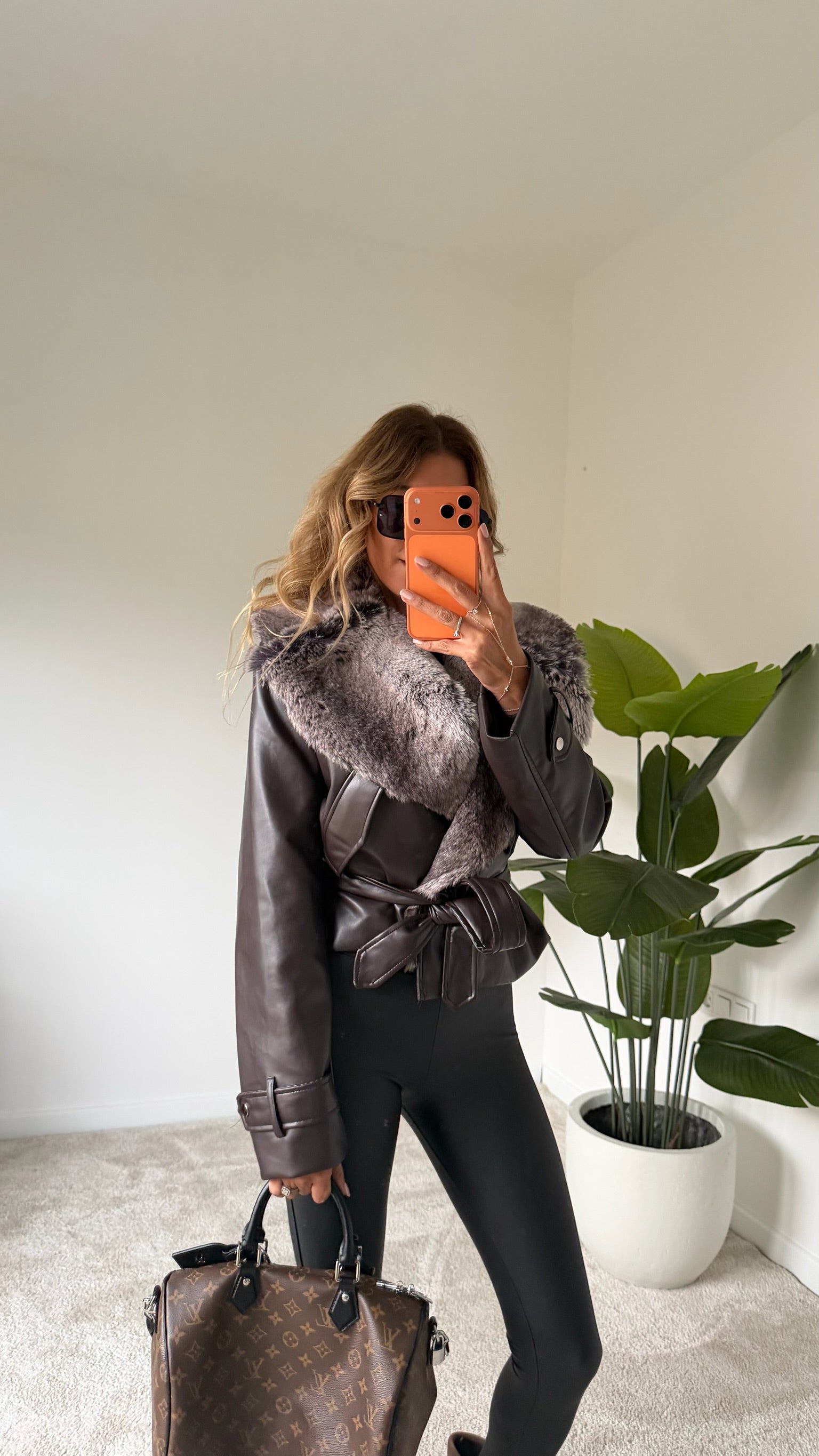 Premium Yakası Kürk Detaylı Deri Ceket Acı Kahve