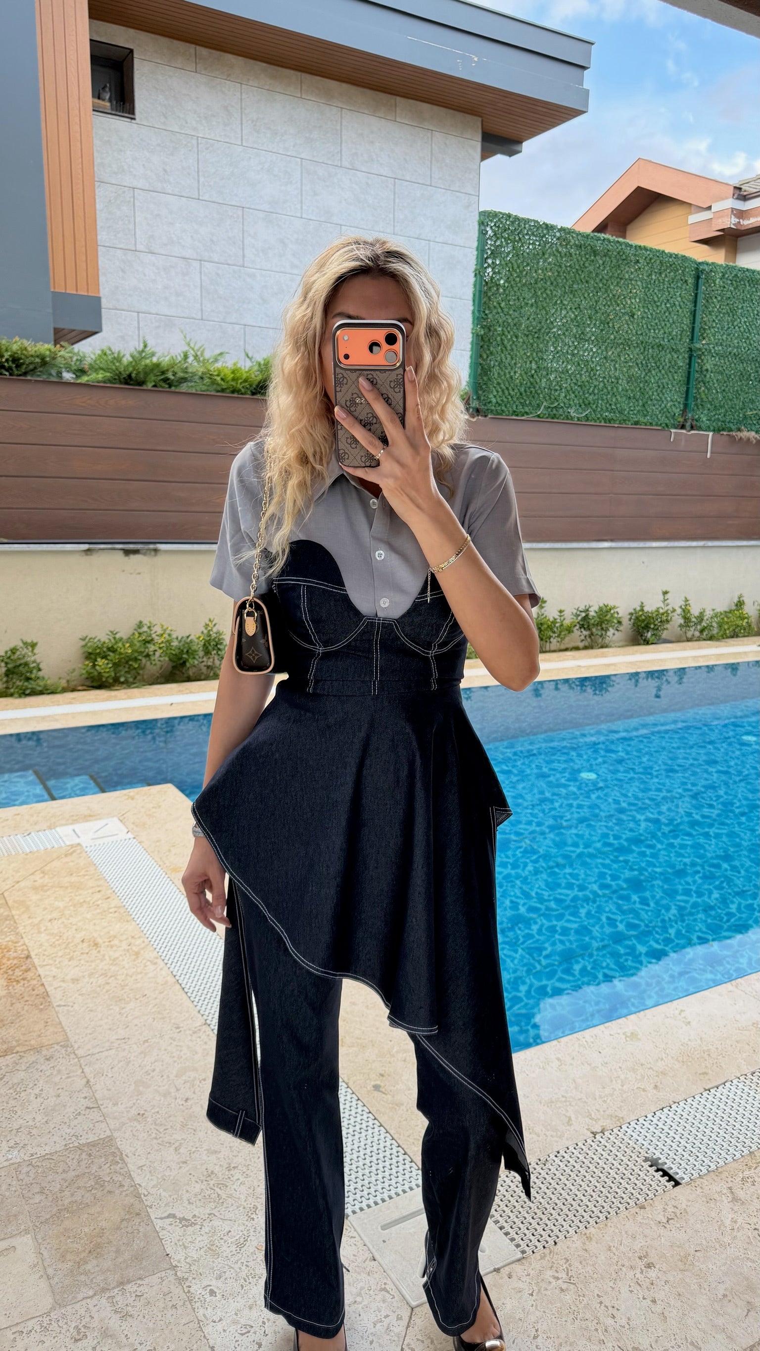 Asimetrik Kesimli Kot Büstiyer Pantolon Gömlek Üçlü Takım Koyu Mavi