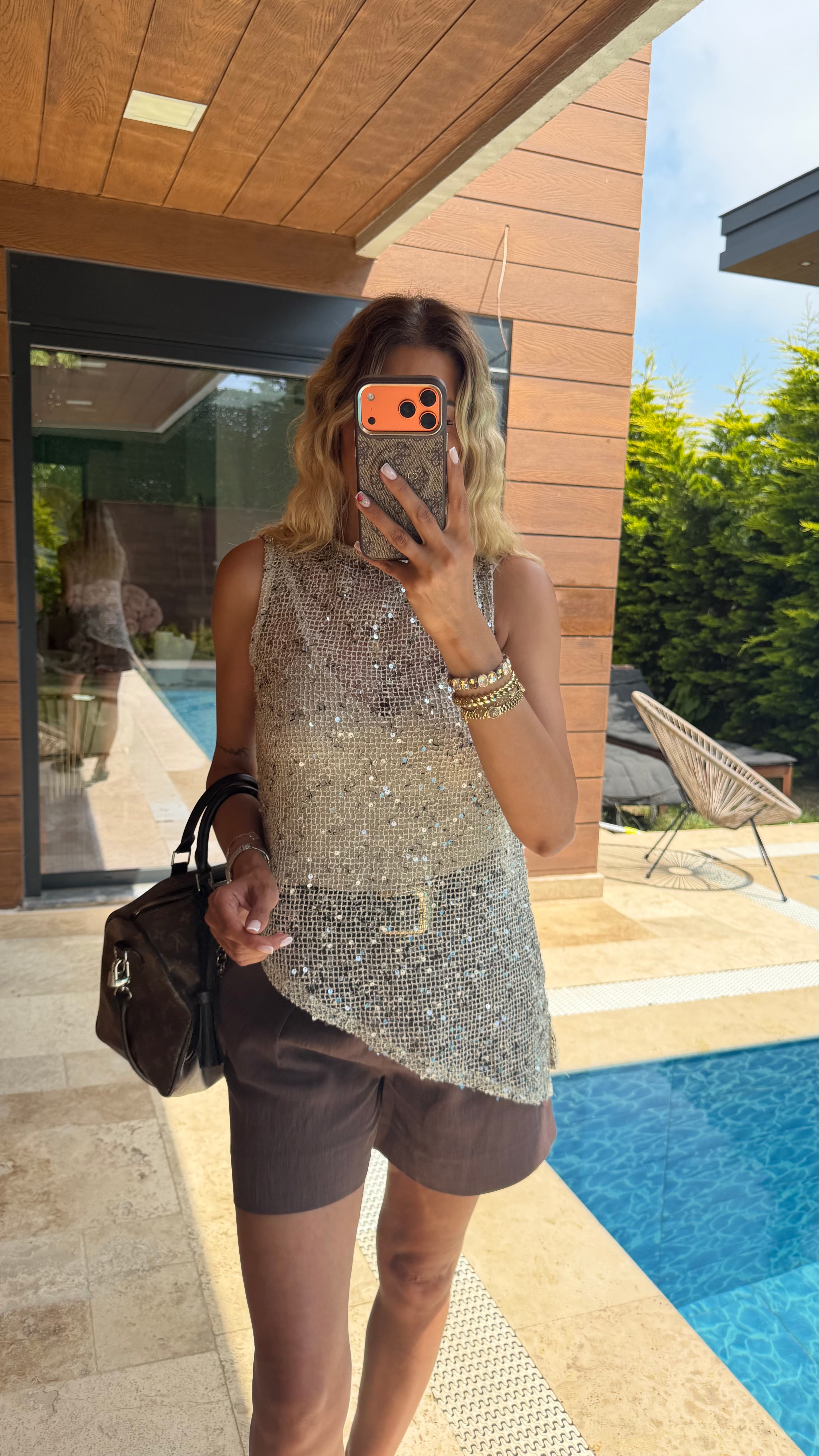 Işıltı Detaylı File Bluz Bej