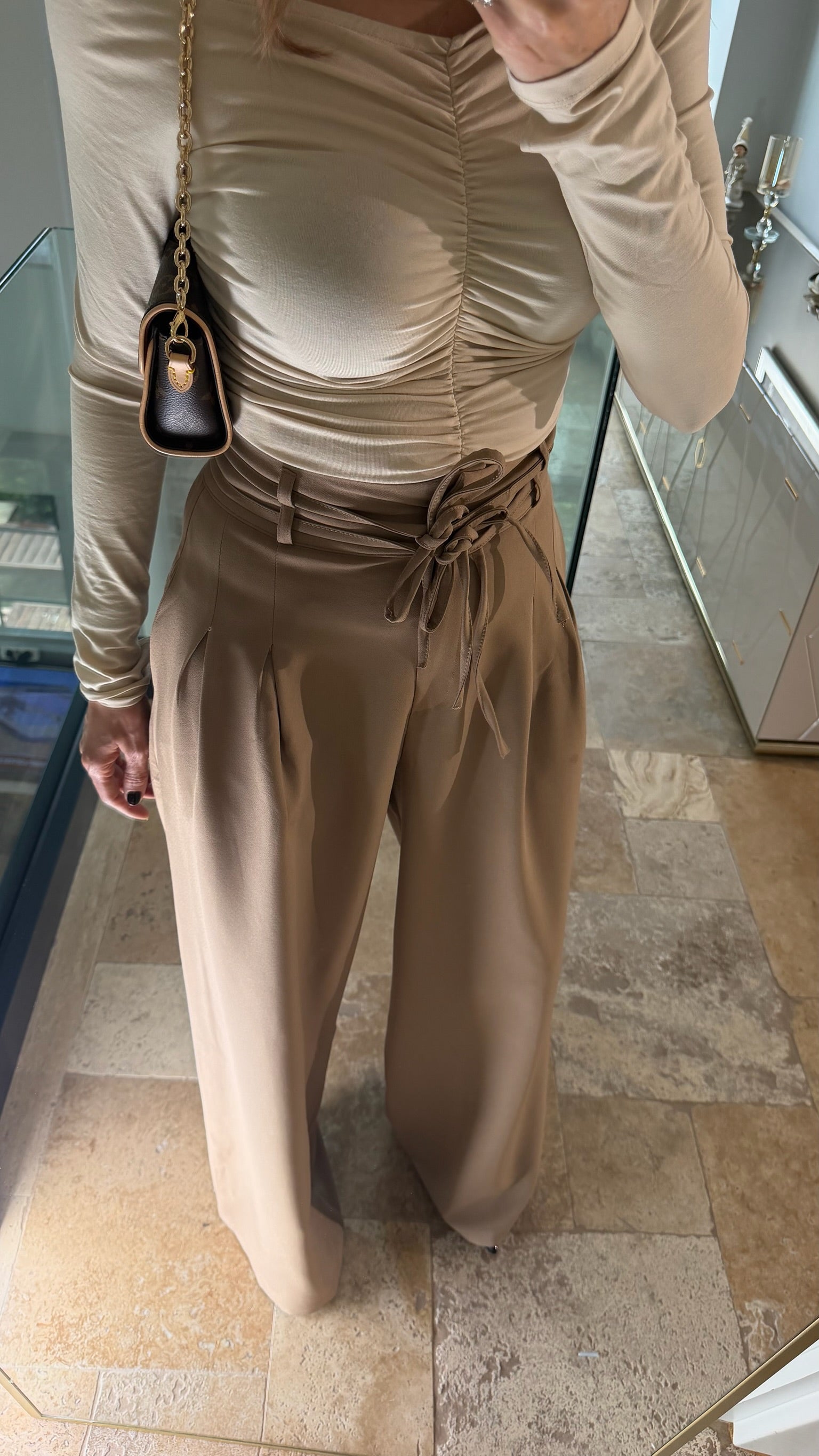 Çift Bağcıklı Kemerli Palazzo Pantolon Bej