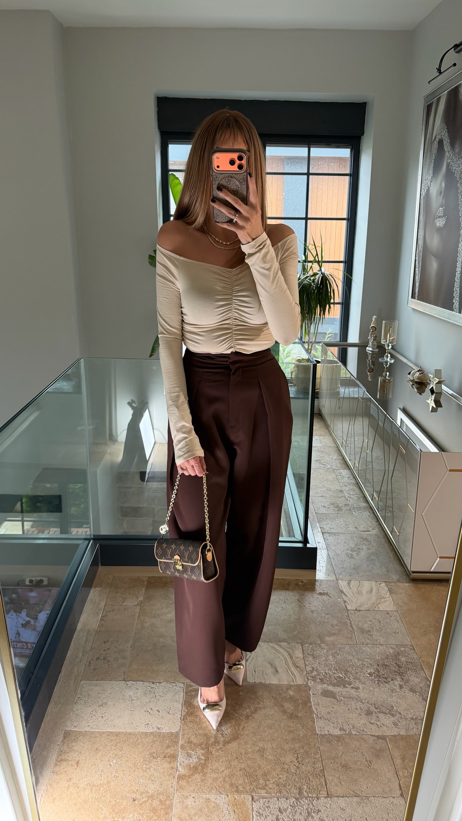 Yüksek Bel Pileli Balon Kumaş Pantolon Acı Kahve