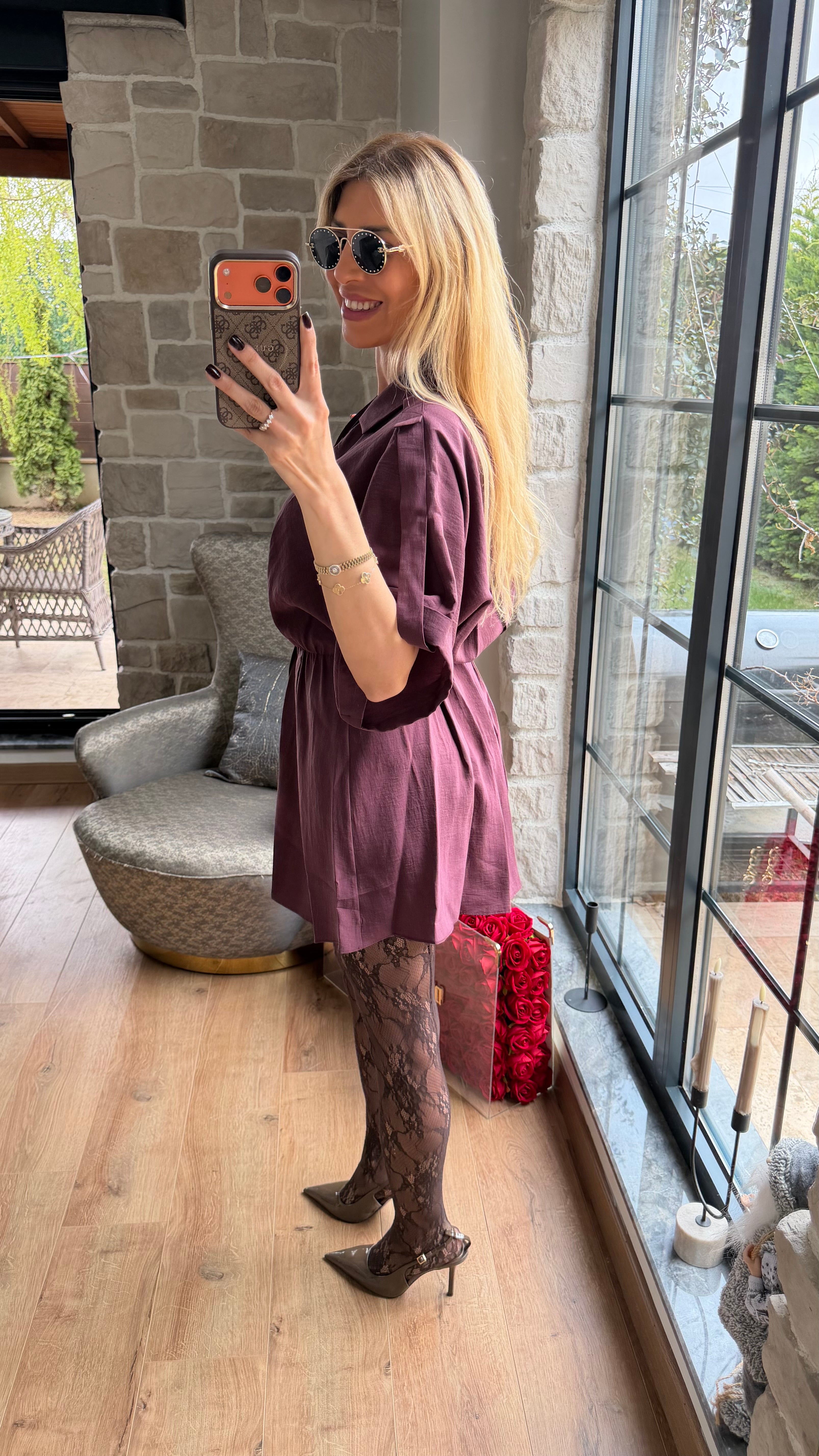 Modal V Yaka Belden Büzgülü Salaş Kesim Mini Elbise Mürdüm