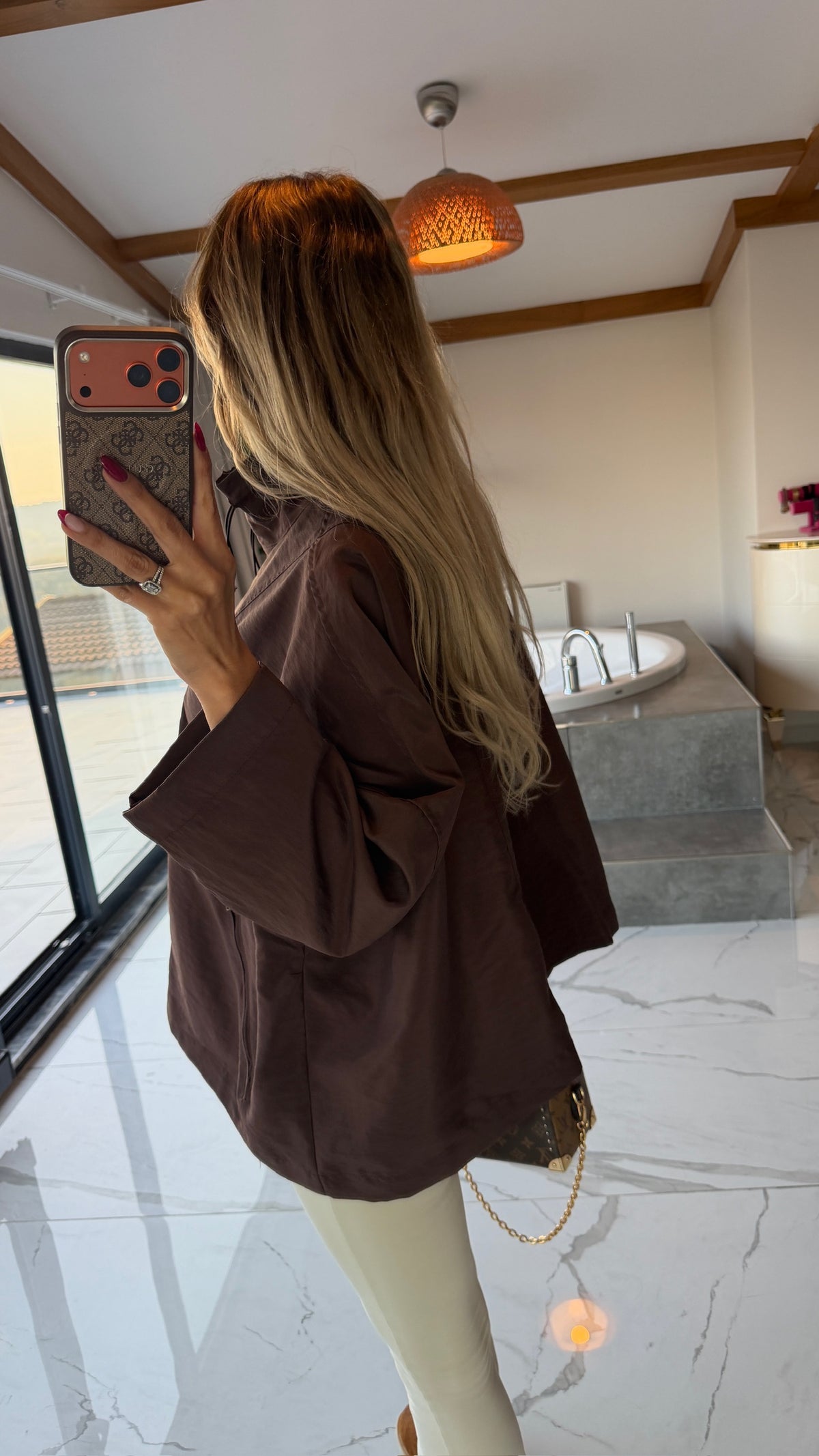 Oversize Kapüşonlu Fermuarlı Sweatshirt Ceket Kahverengi