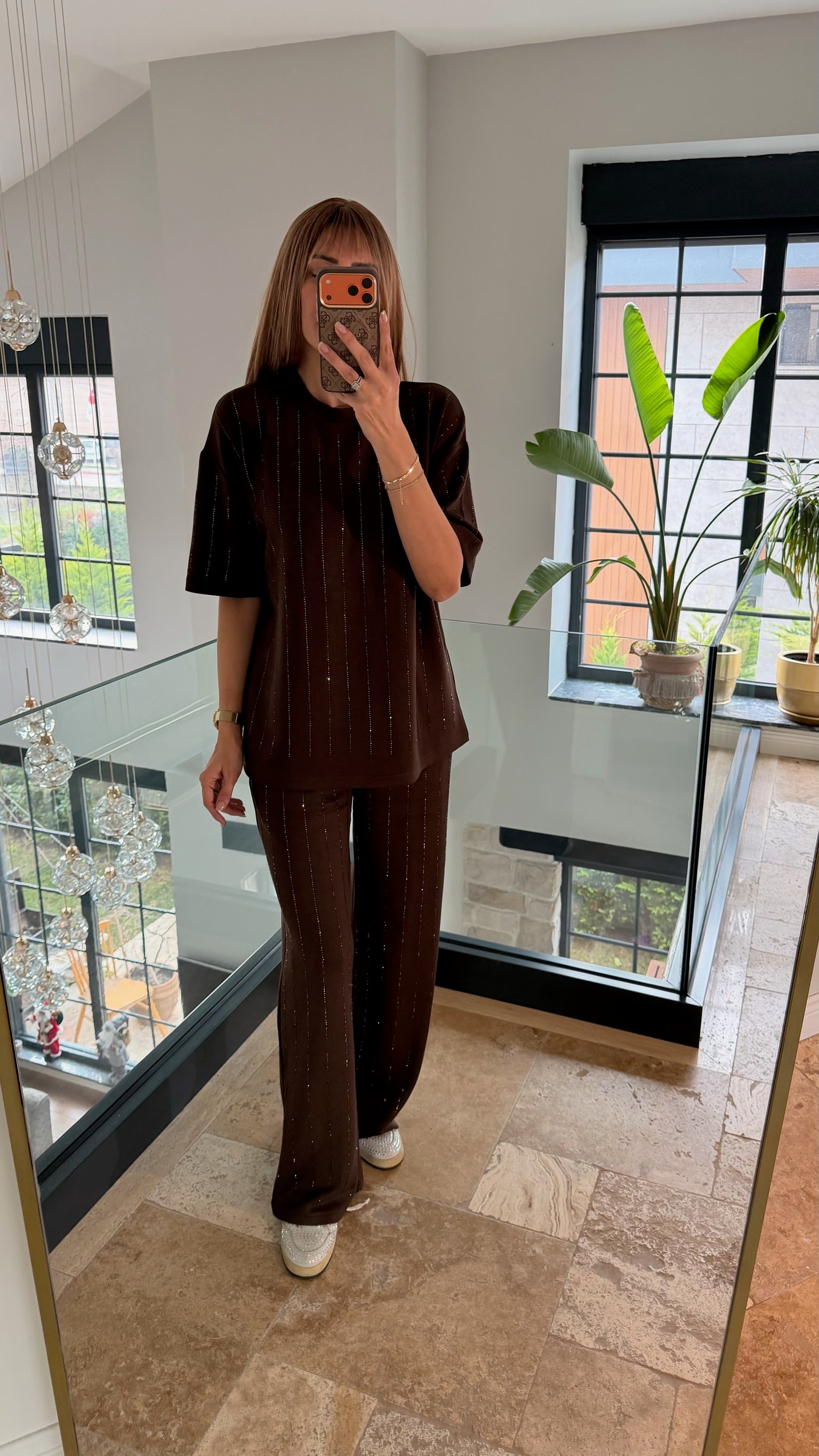 Şerit Taş Detaylı İkili Tişört Takım Acı Kahve