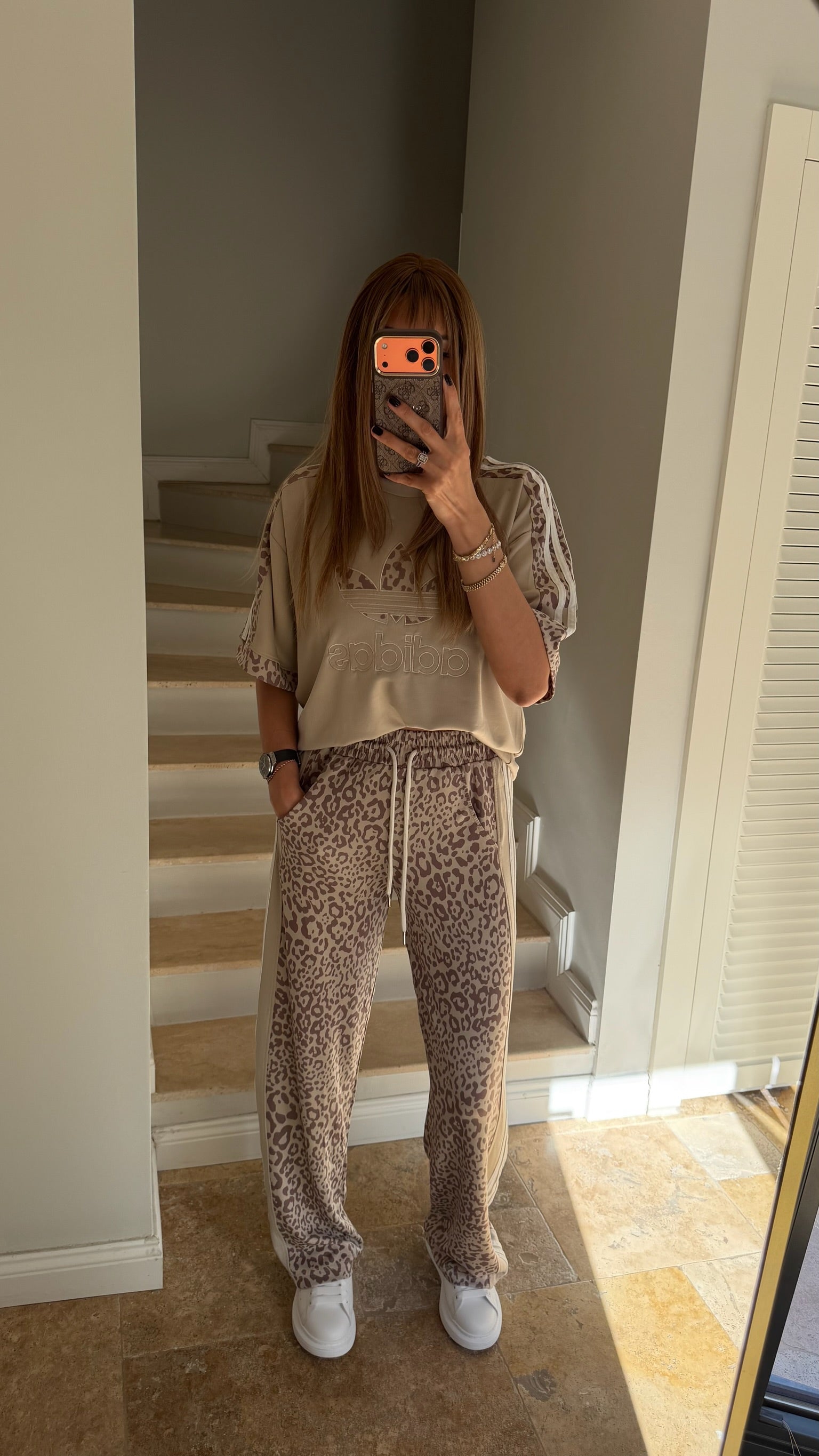 ADS Yan Çizgili Salaş Leopar Tişört Takım Bej