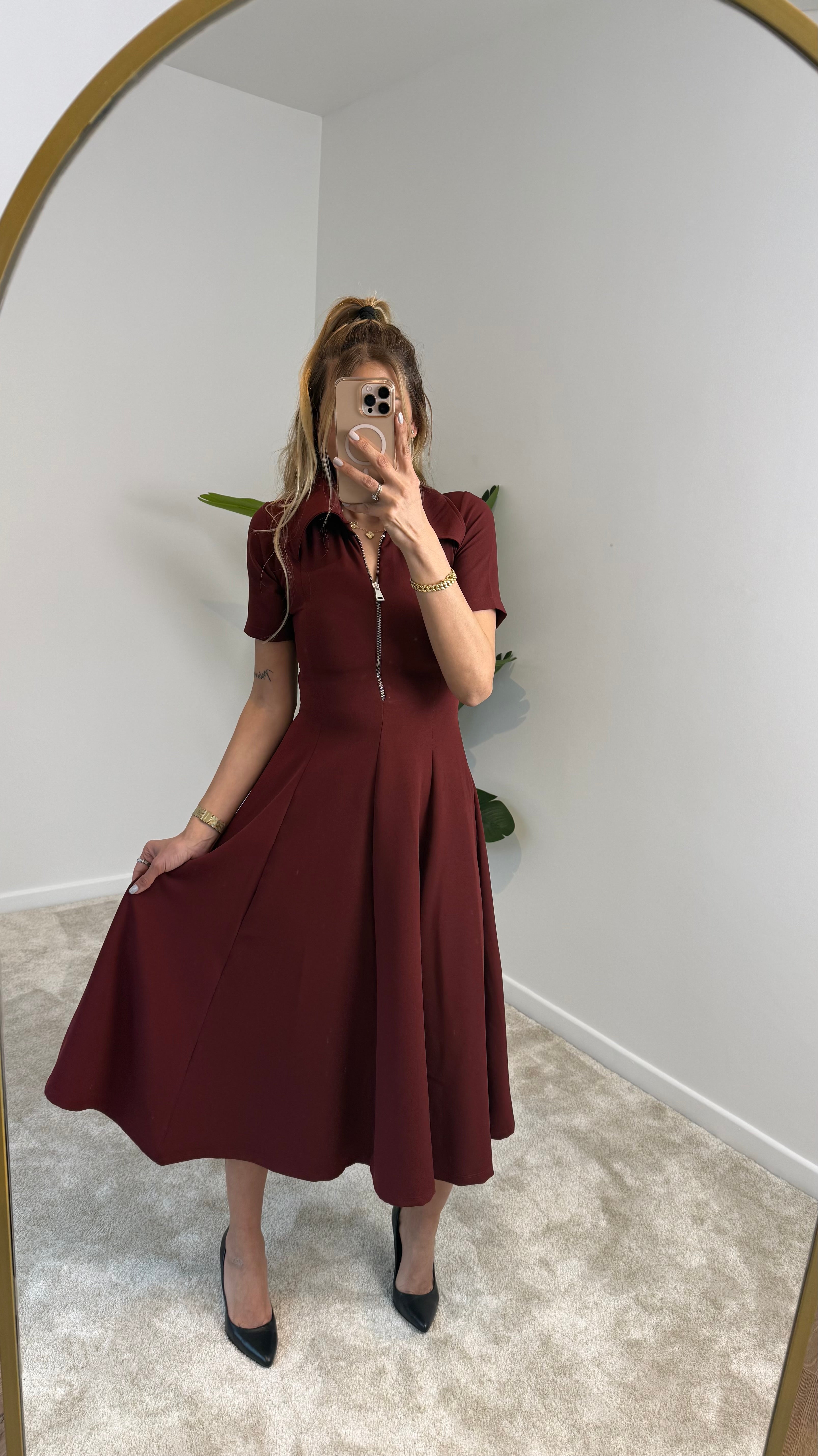 Kier Bordo Fermuarlı Elbise