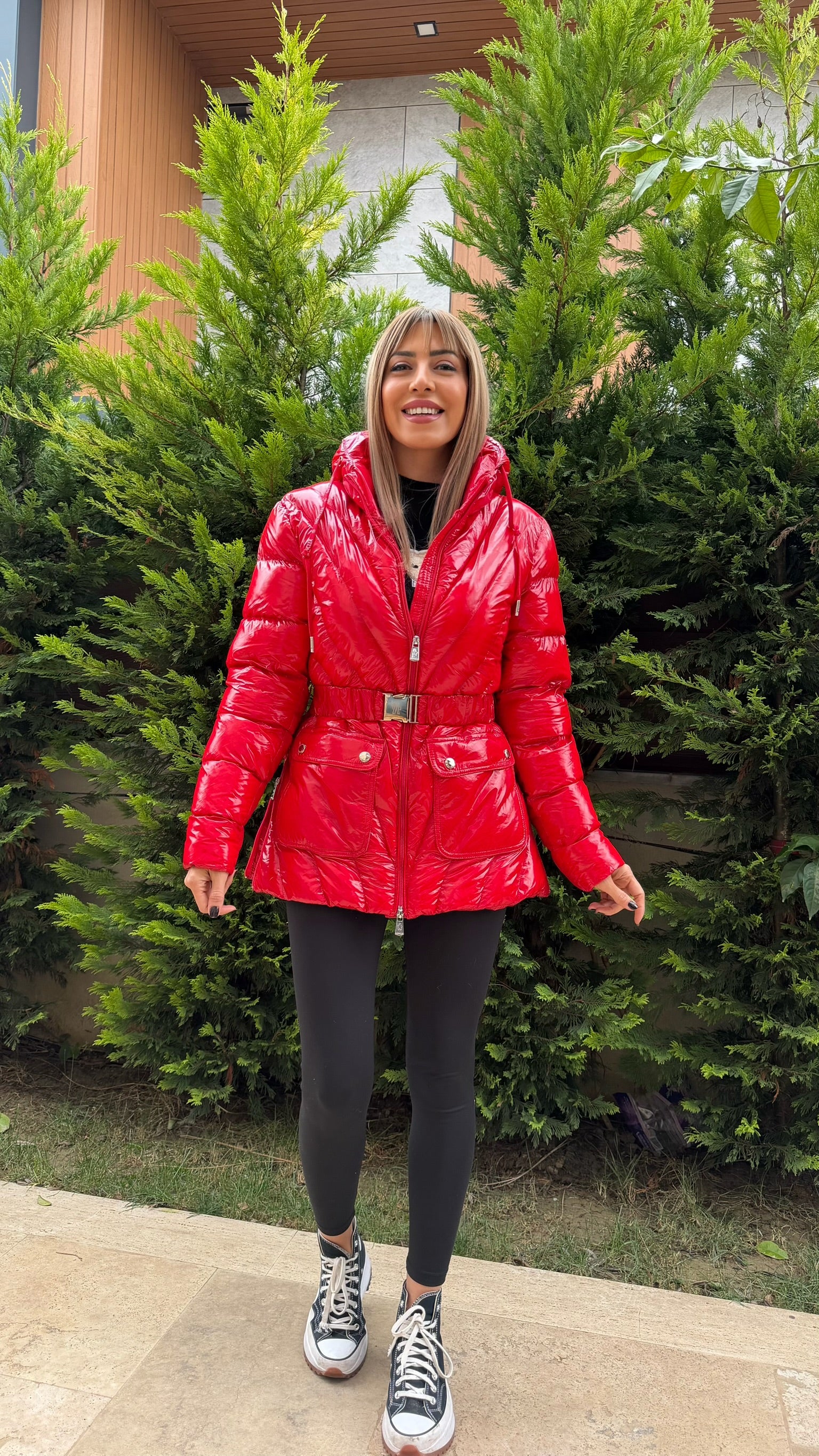 Luxe Kemerli İthal Kaz Tüyü Mont Kırmızı