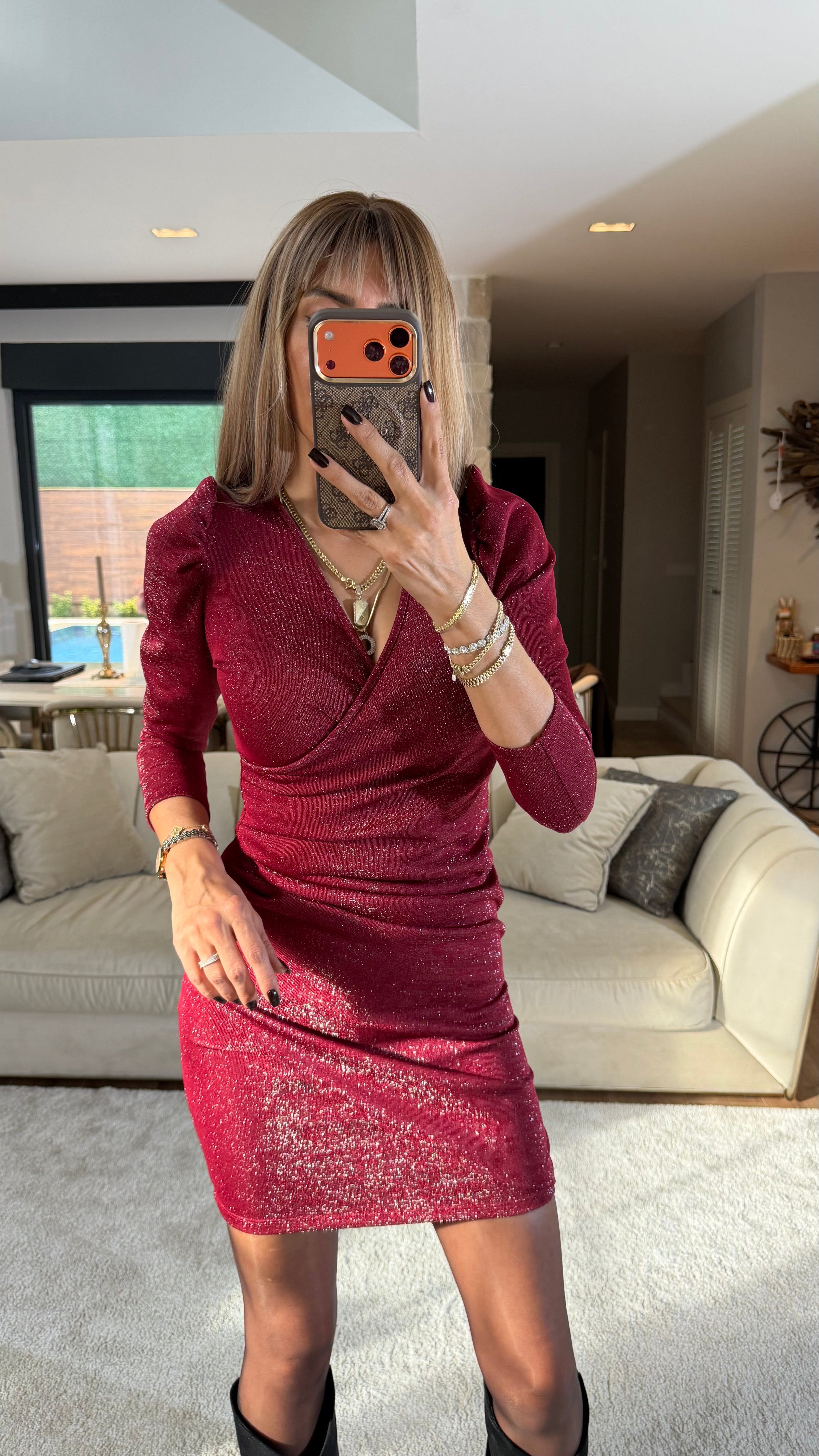 Bordo Kruvaze Yaka Elbise