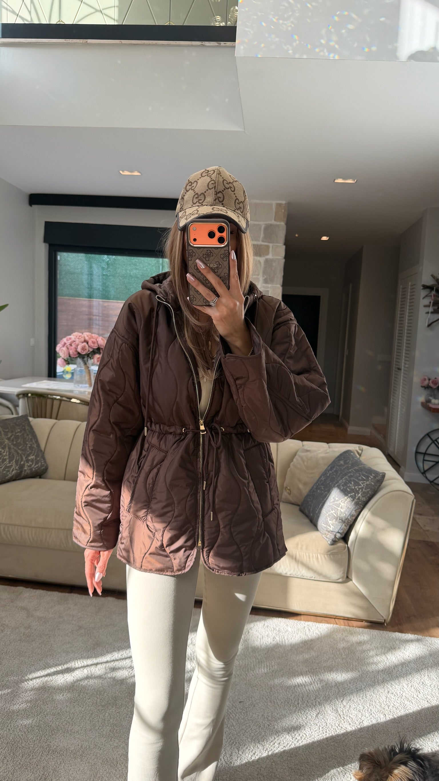 Baklava Desenli Kapüşonlu Şişme Mont Acı Kahve