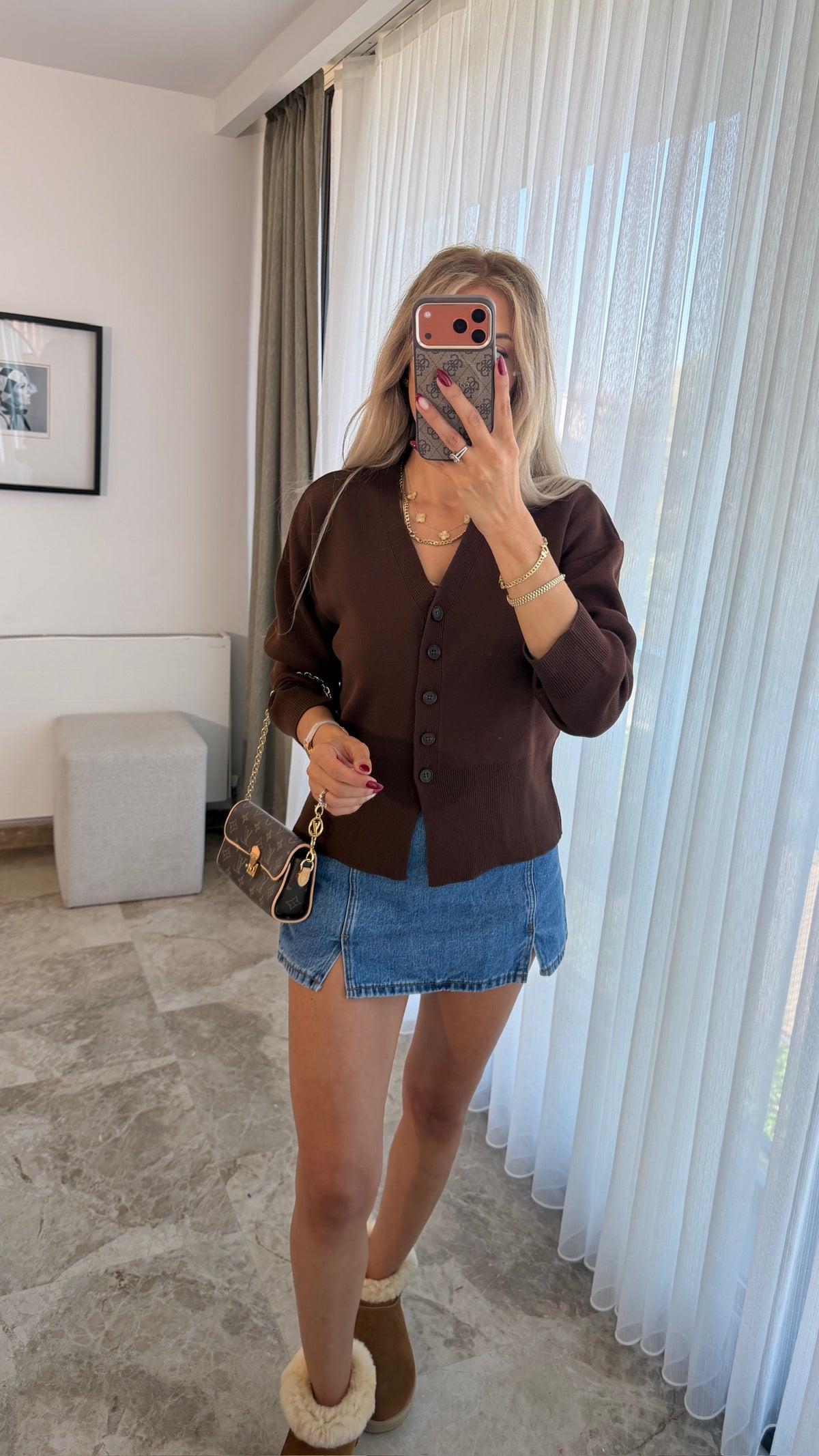 Lina Düğmeli V Yaka  Düğmeli Kahverengi Triko Hırka