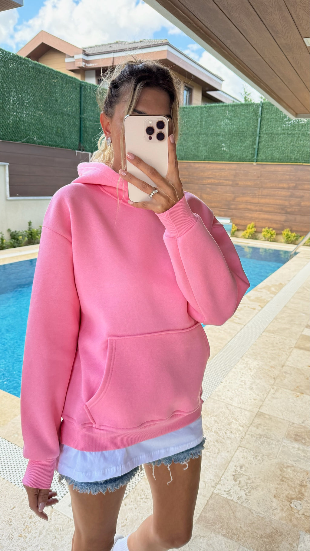 Tişört Detaylı Kapüşonlu Sweatshirt Pembe