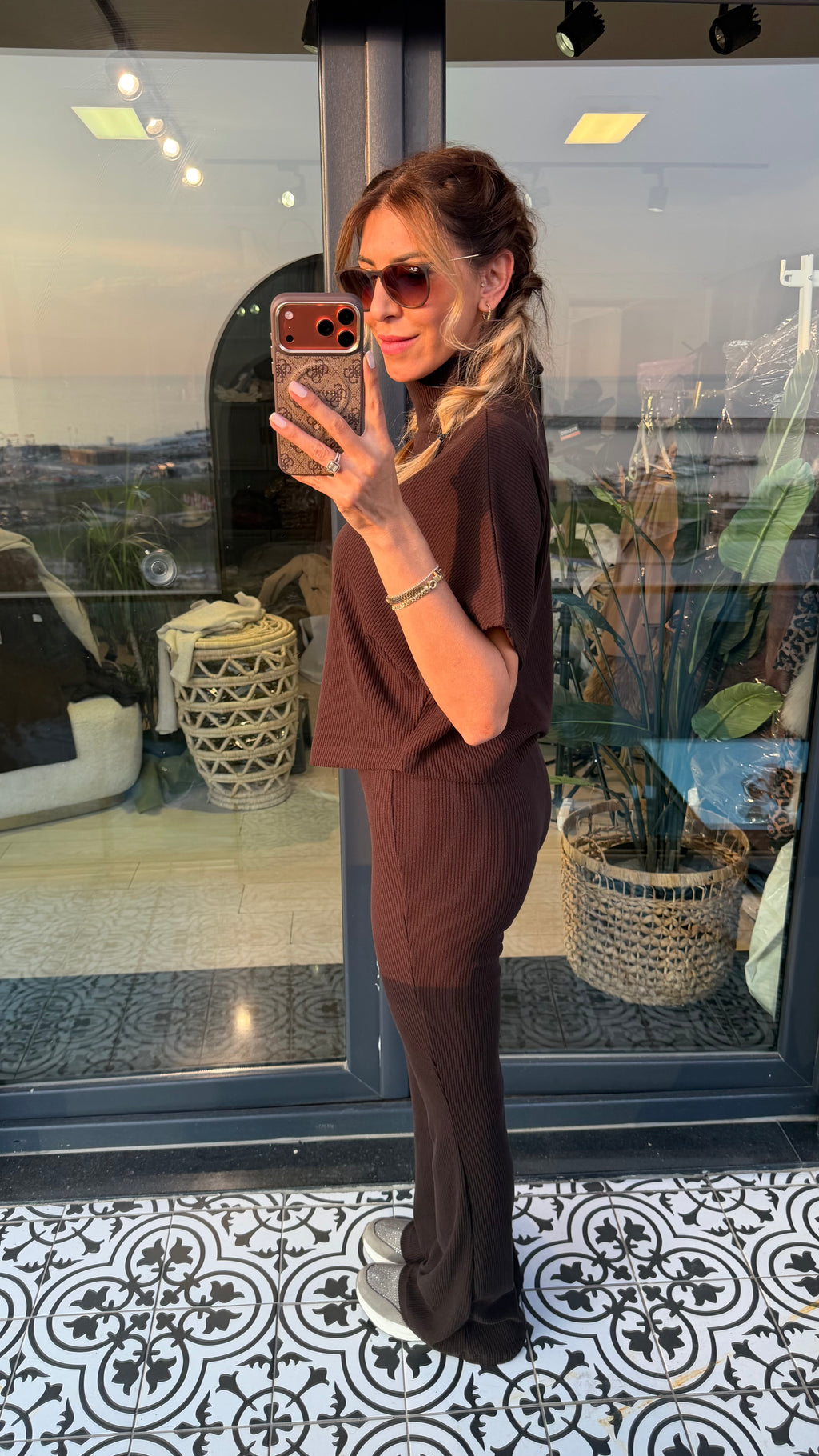 Kısa kollu ispanyol paça ikili takım kahverengi