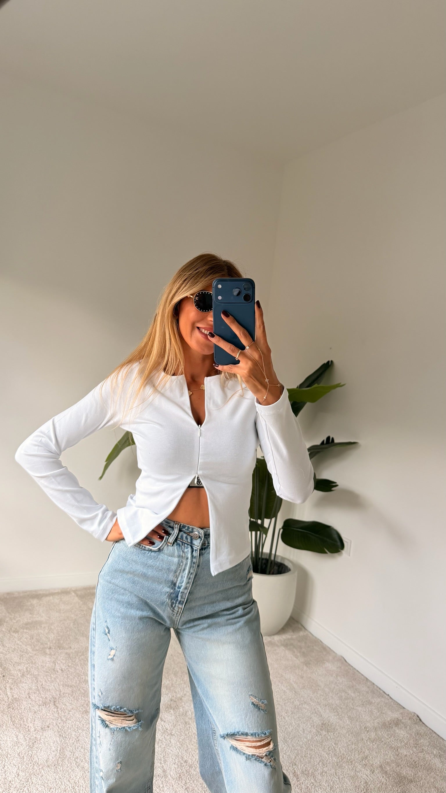 DİLVİN Fermuar Detaylı Bluz Beyaz