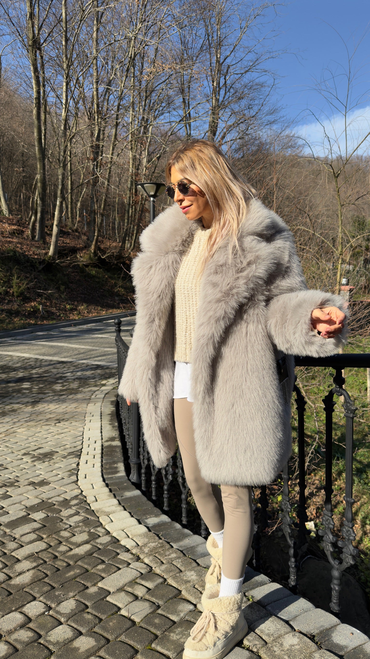 Premium Suni Kürk Kaban Gri