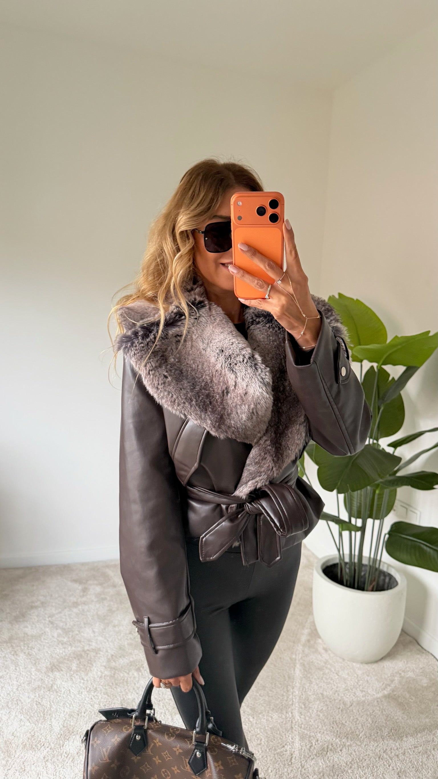 Premium Yakası Kürk Detaylı Deri Ceket Acı Kahve