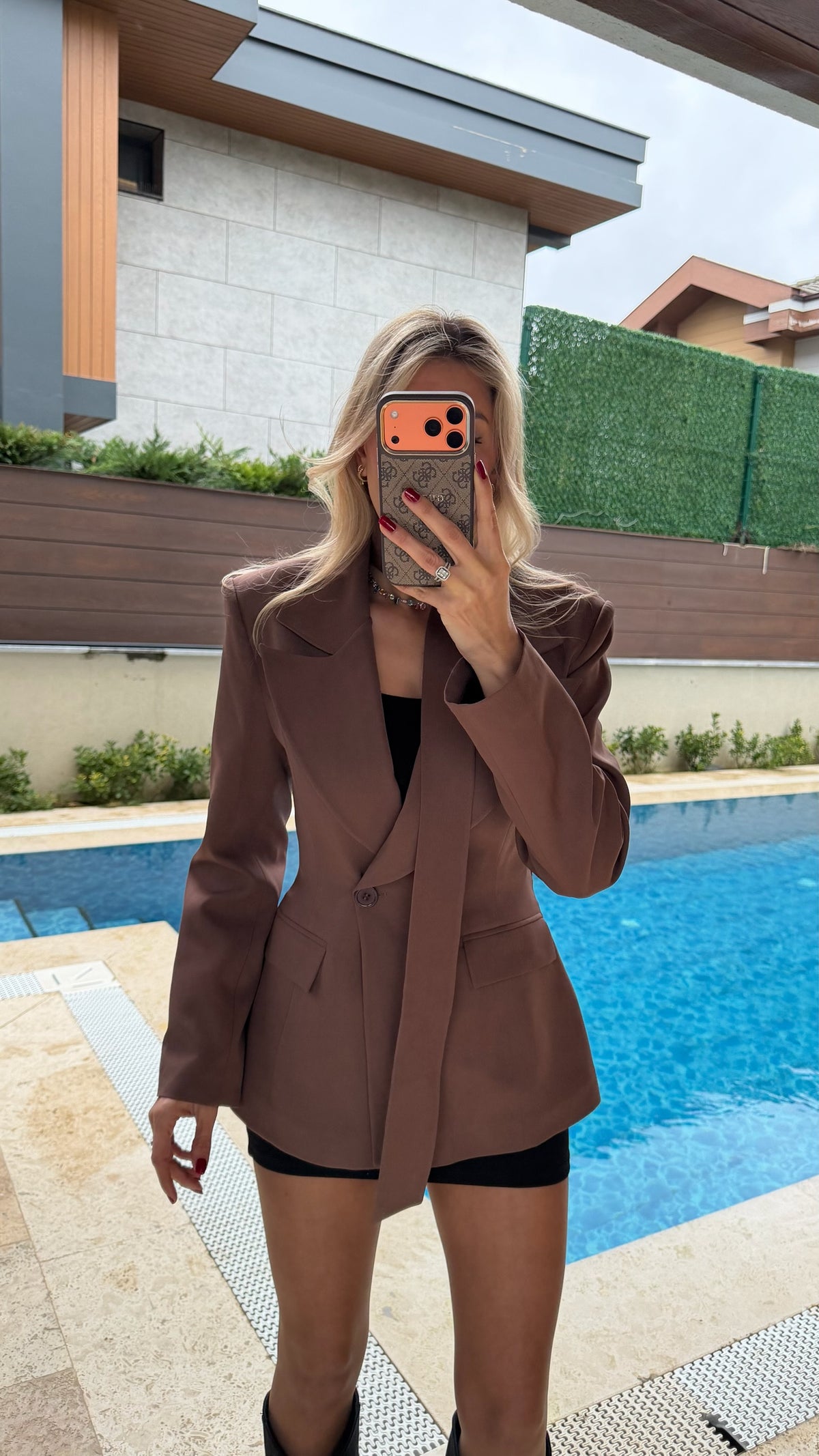 Fularlı Düğmeli Cep Detaylı Ceket Acı Kahve