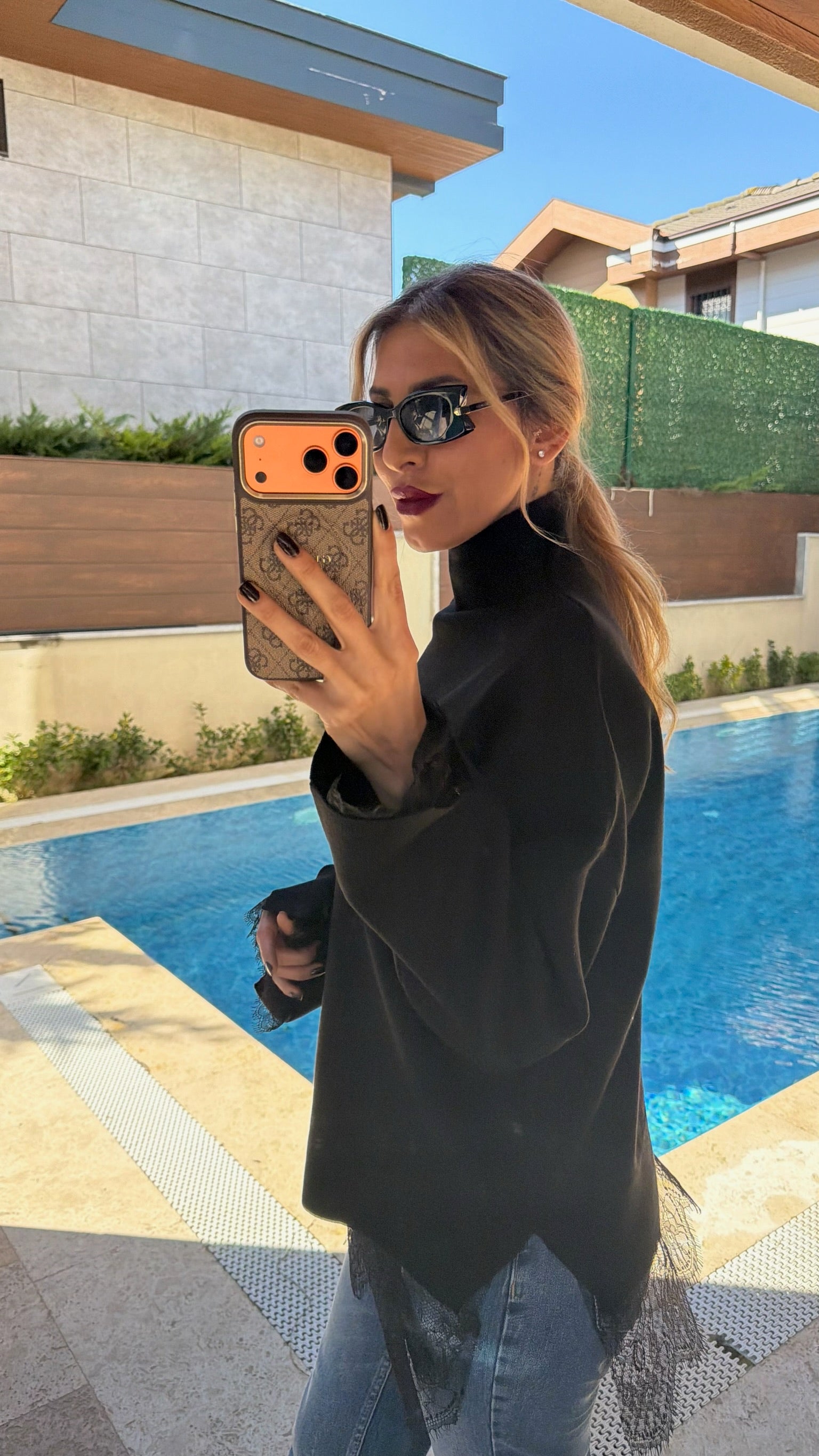 Dantel Detaylı İnce Triko Siyah