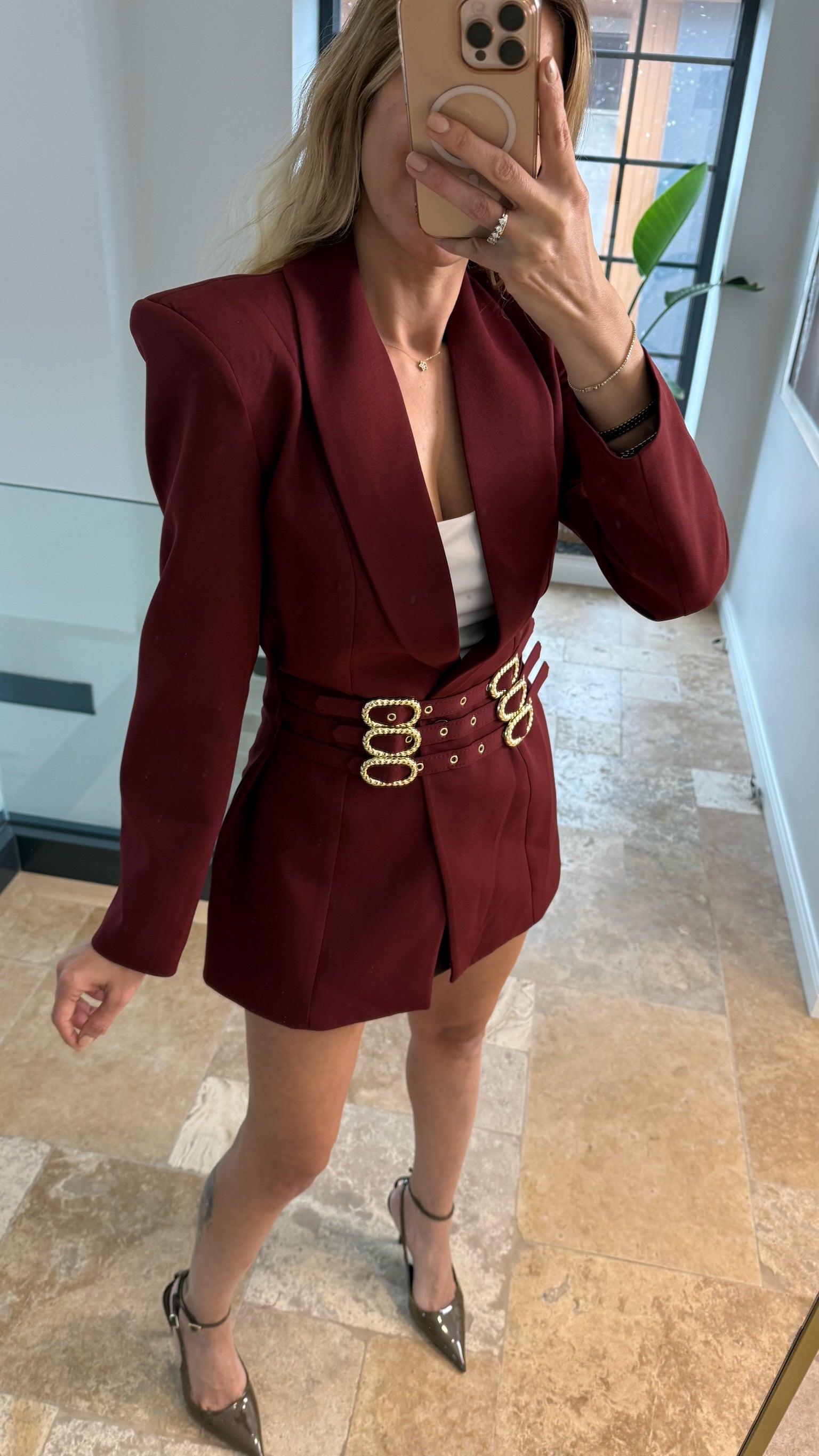 Drase Kemer Detaylı Ceket Bordo