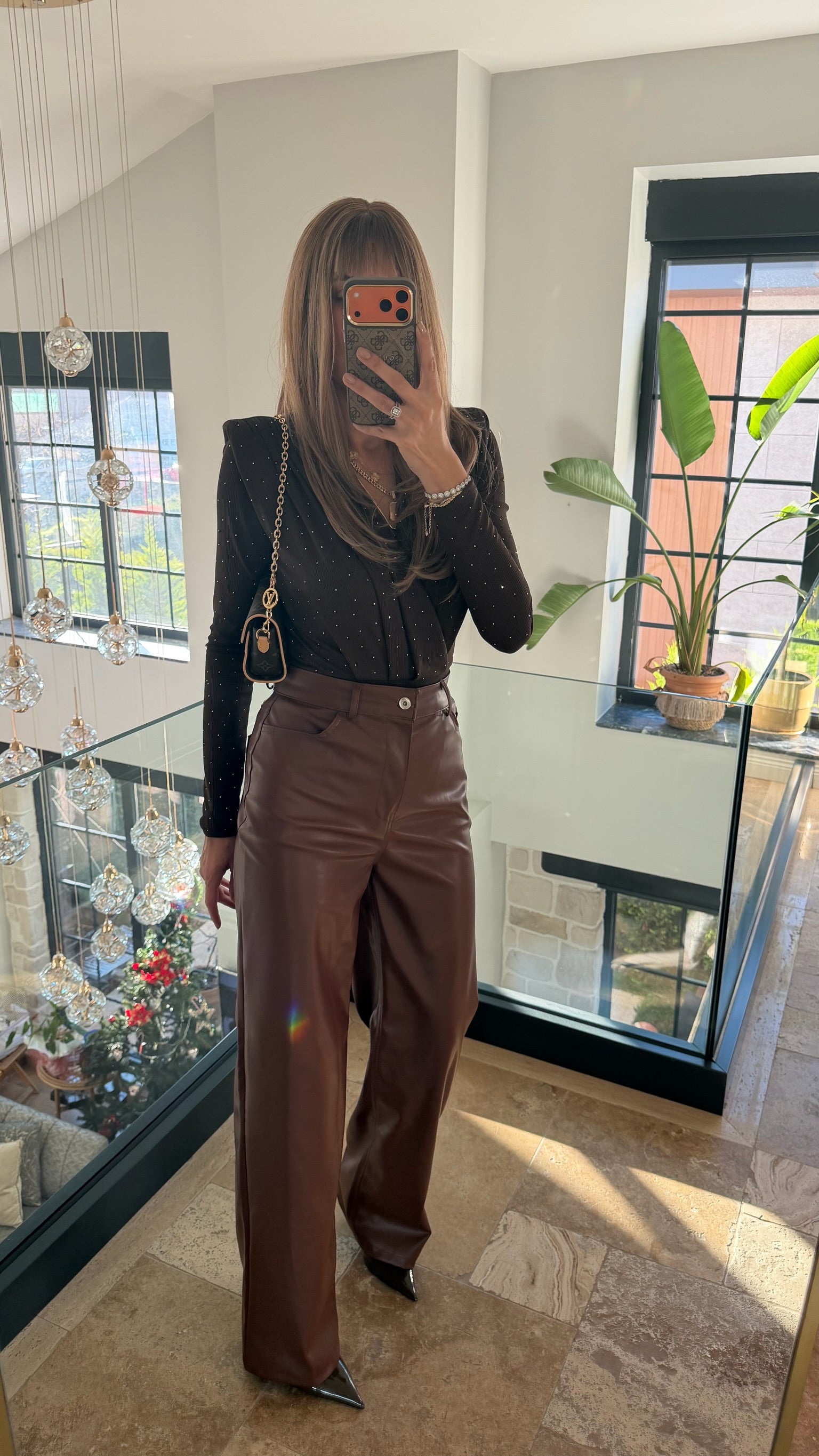 Kahverengi Suni Deri Pantolon