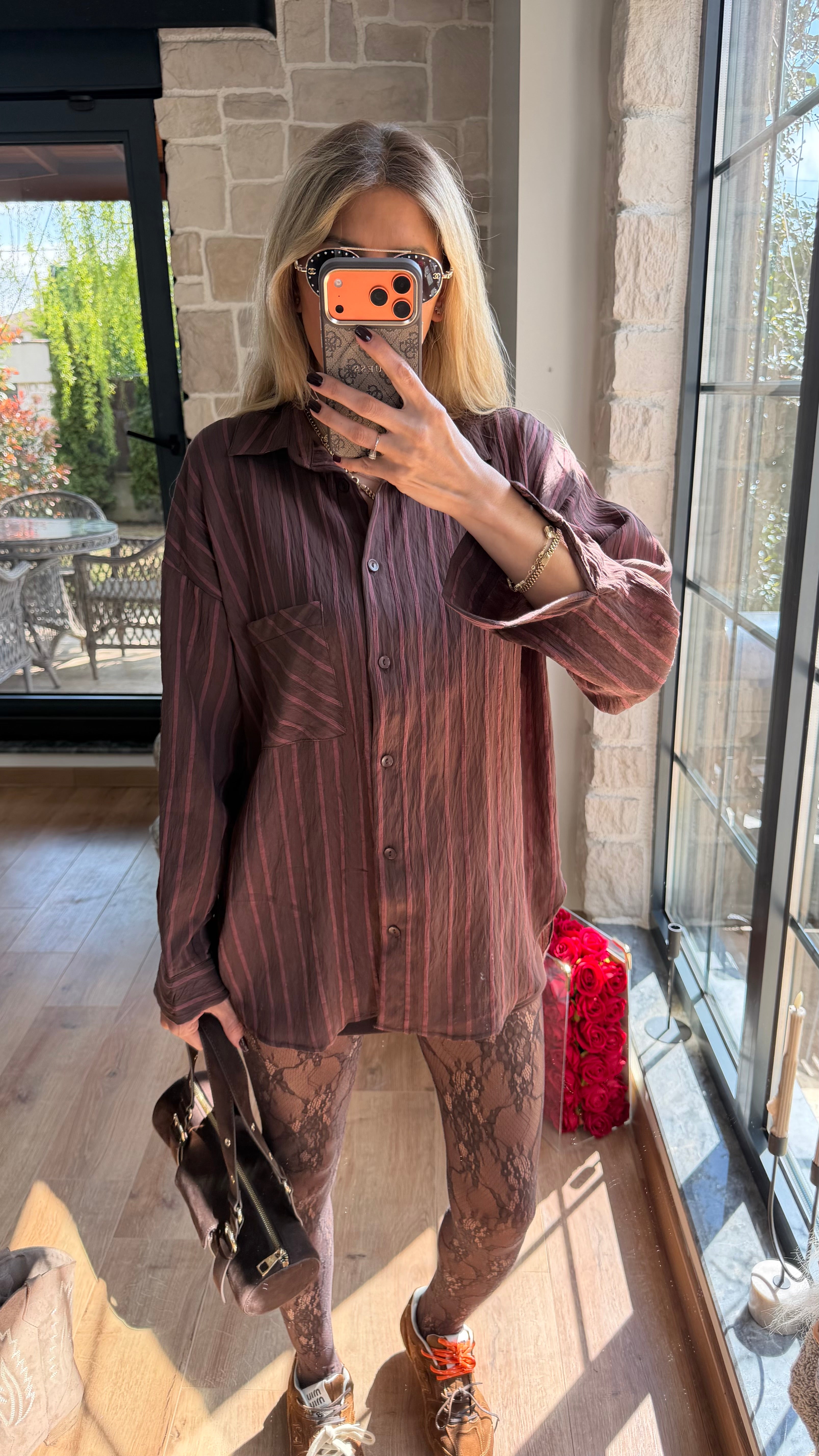 Çizgili Viscon Gömlek Acı Kahve