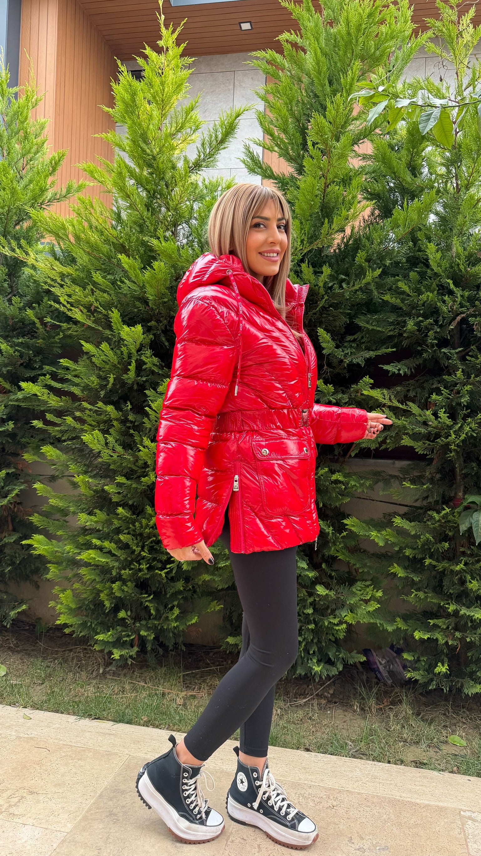 Luxe Kemerli İthal Kaz Tüyü Mont Kırmızı