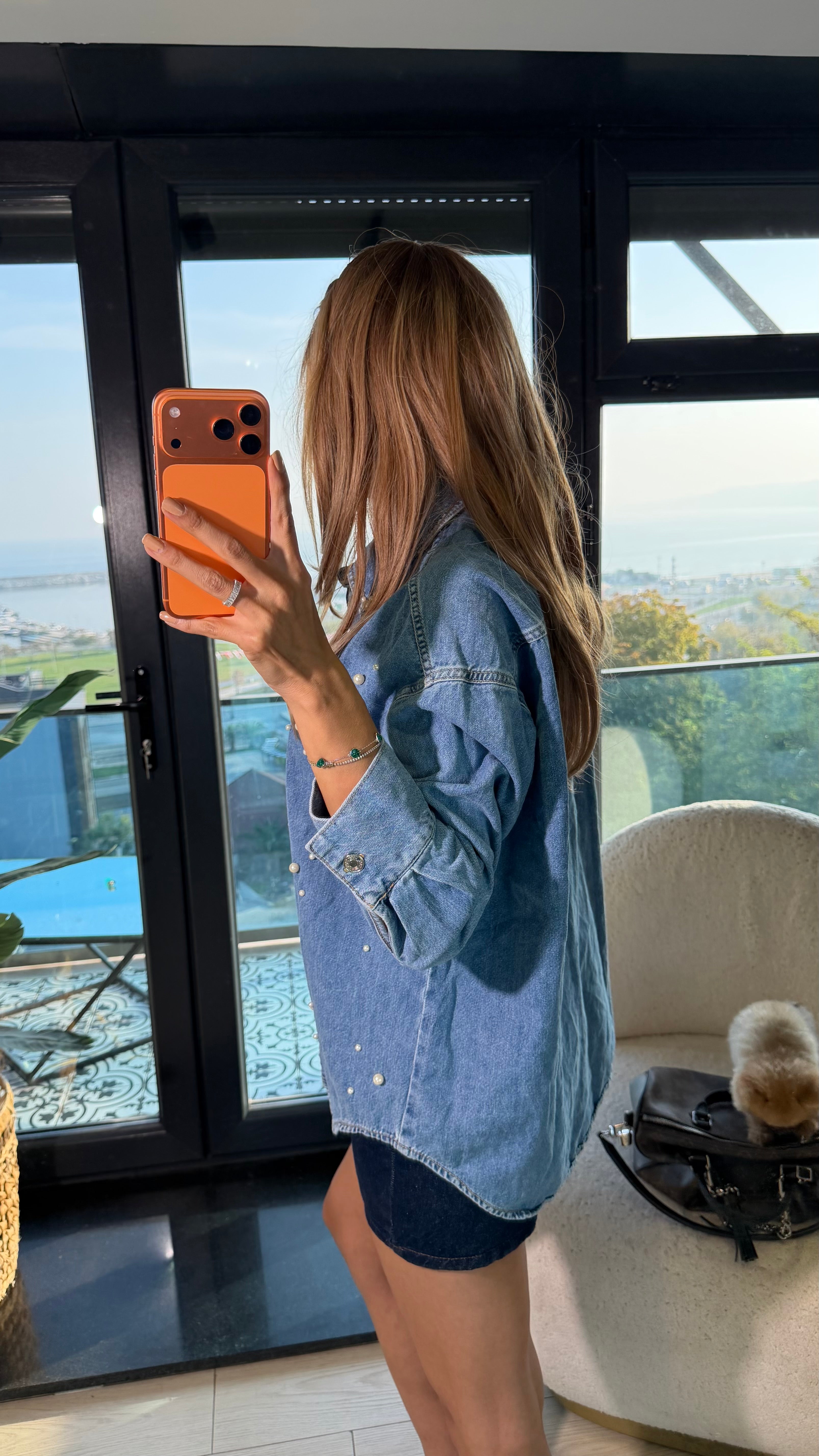 Zr İnci Detaylı Kot Gömlek