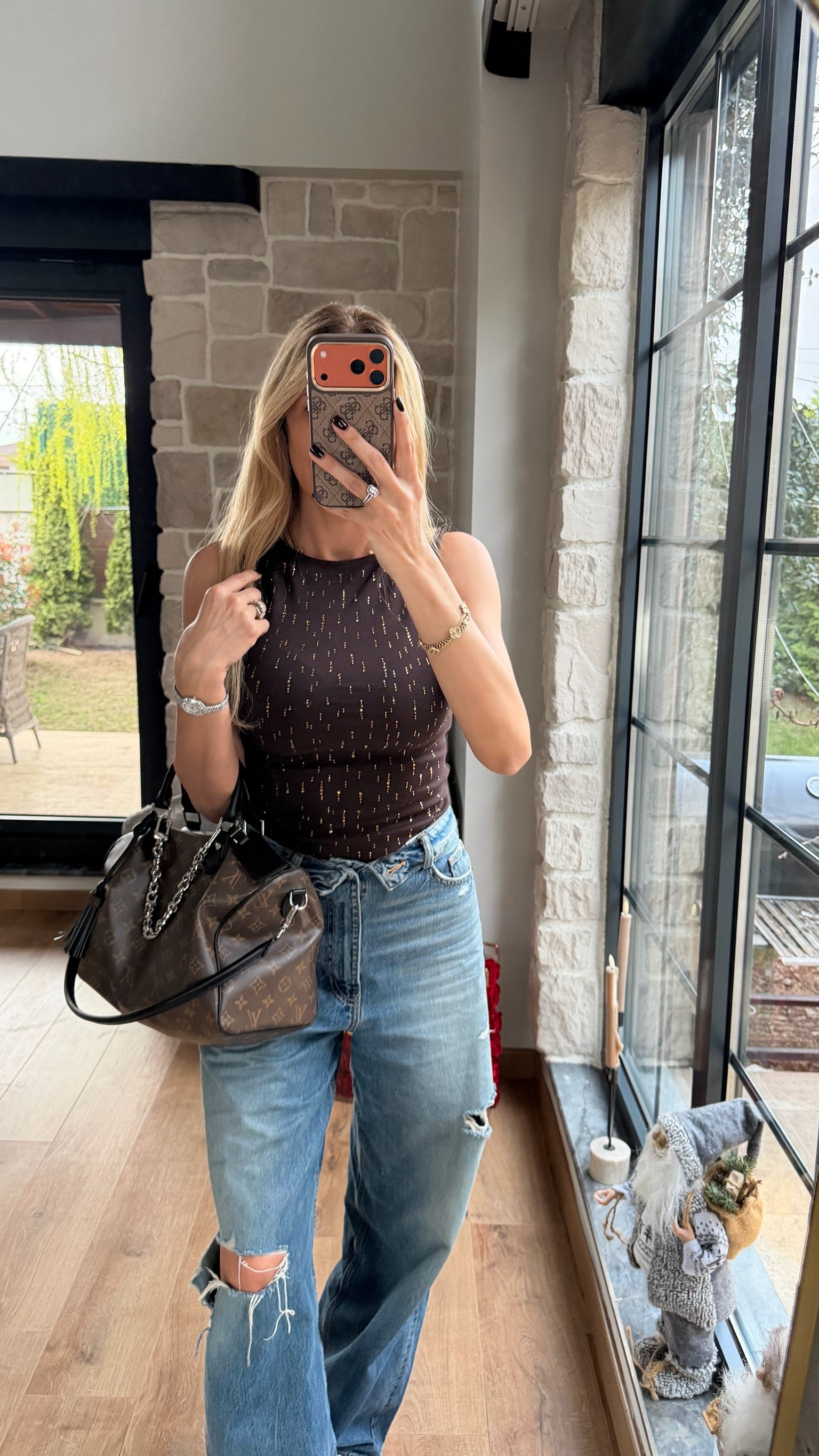 Akıtma Taş Detaylı Atlet Acı Kahve