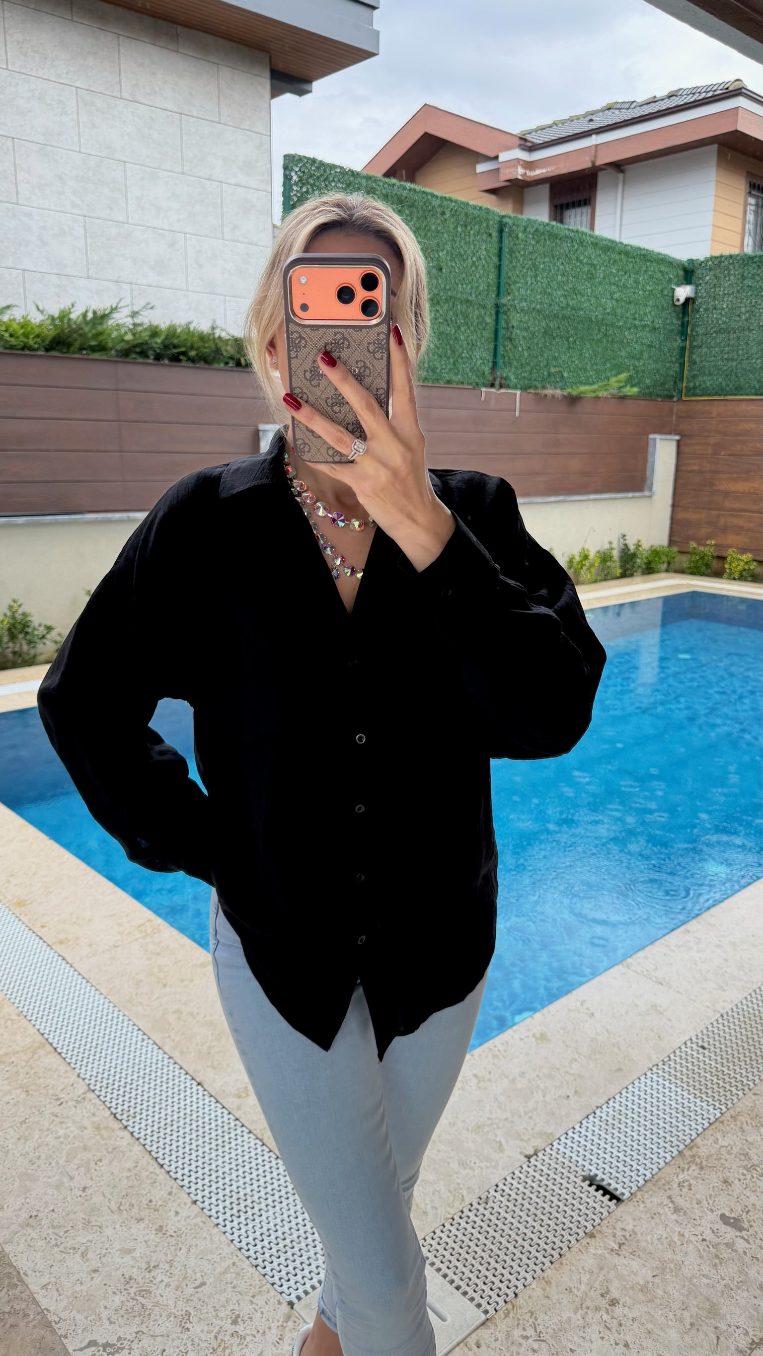 Kendinden Desenli Transparan Gömlek Siyah