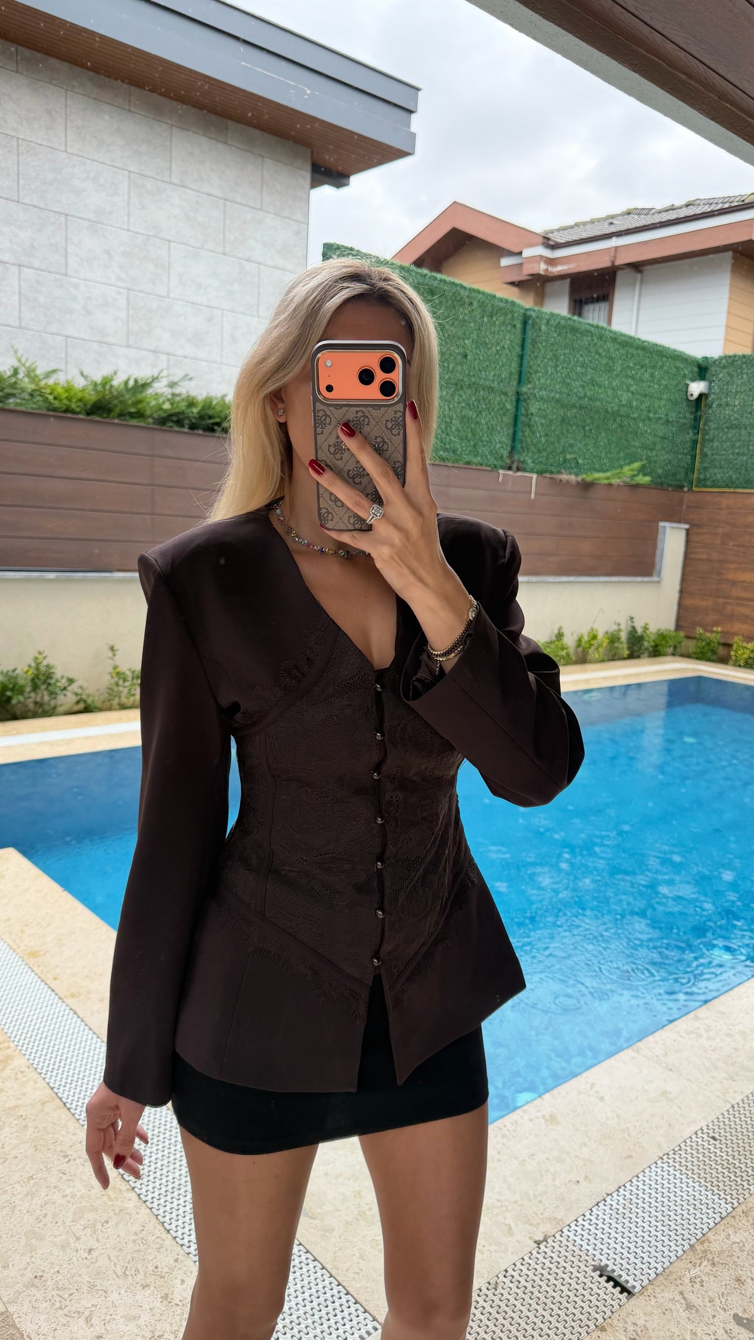 Dantel Detaylı Düğmeli V Yaka Tasarım Blazer Ceket Acı Kahve