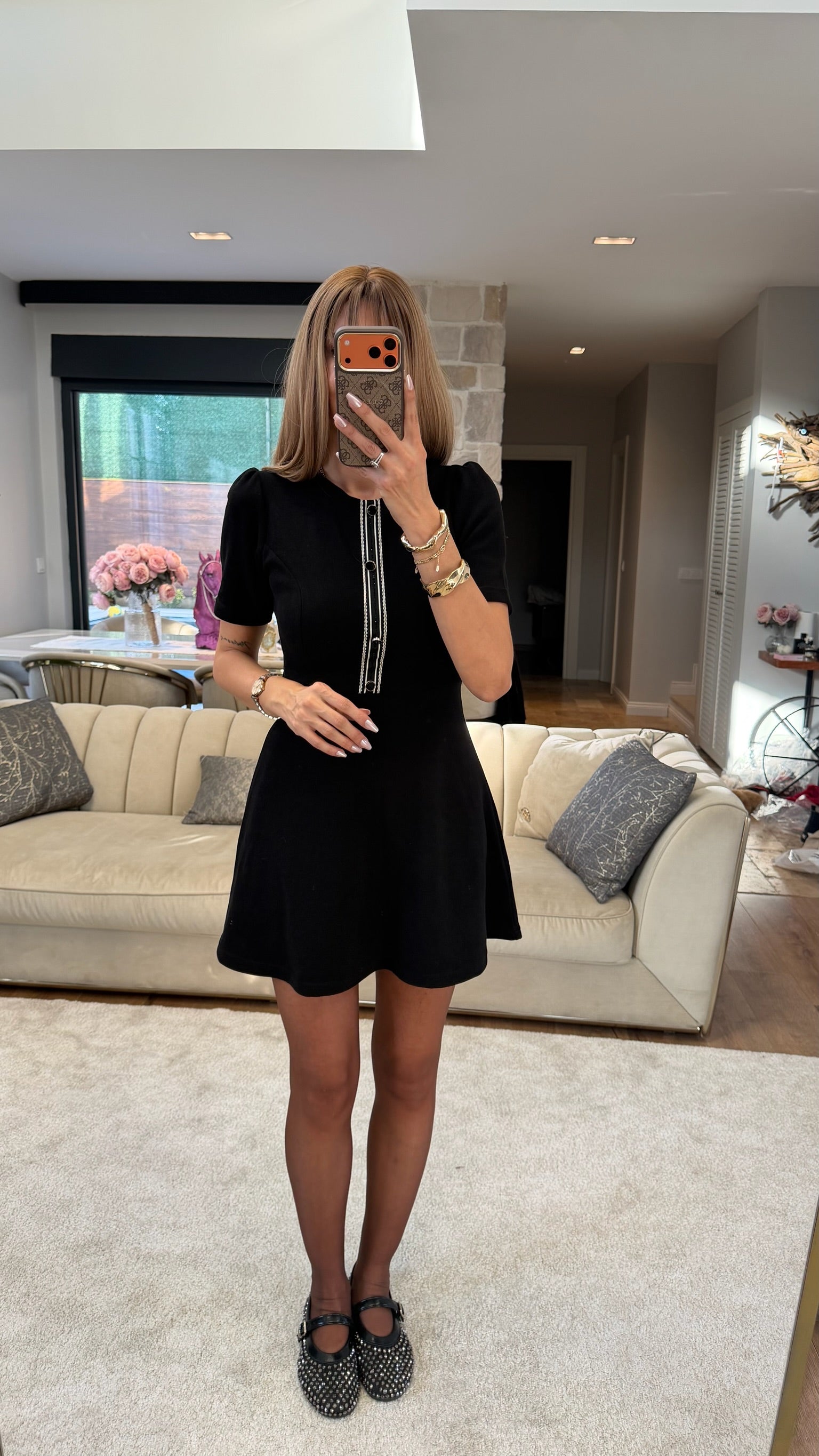 Önü Detaylı Mini Elbise Siyah