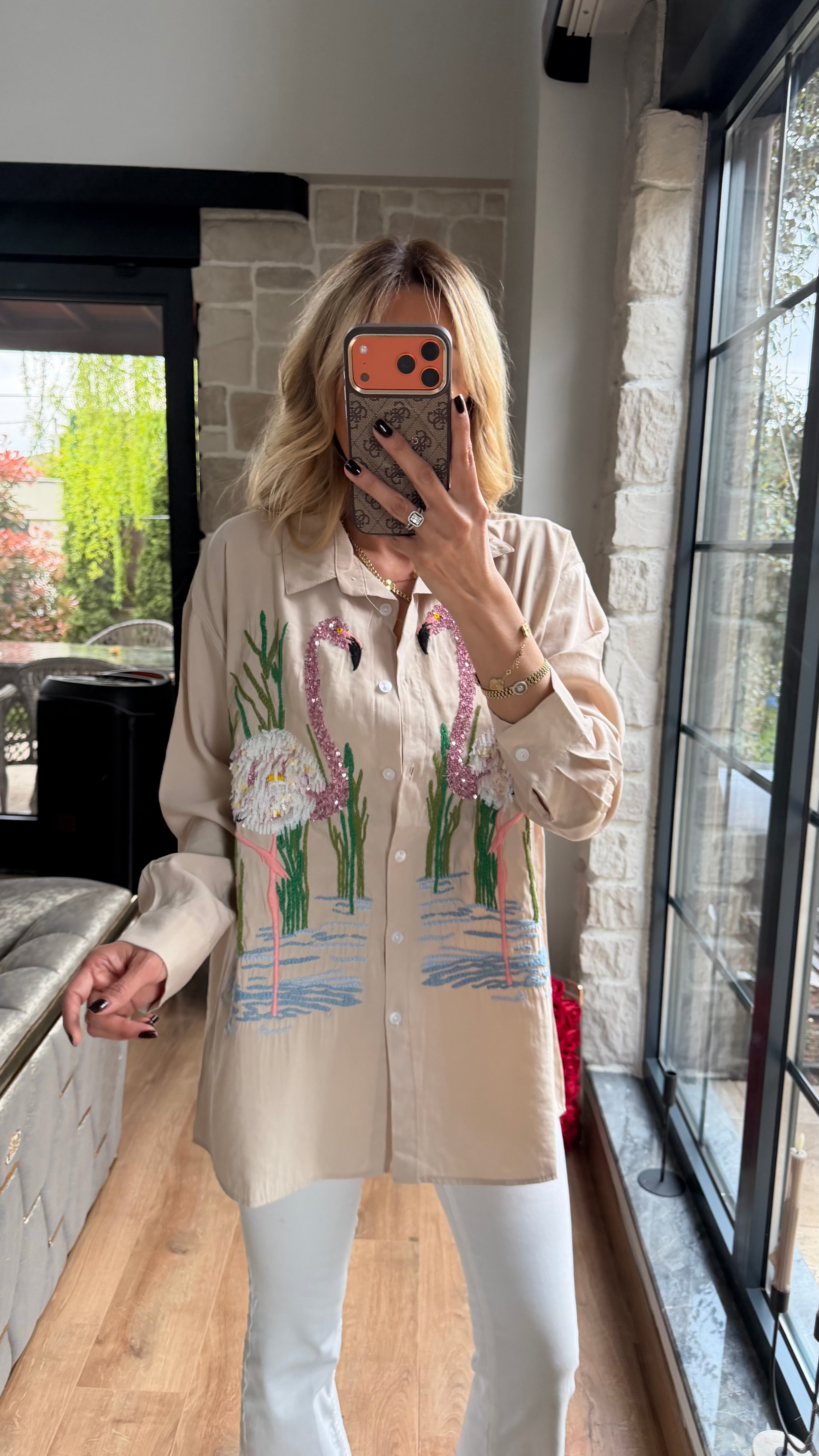 Flamingo Nakış Detaylı Tasarım Gömlek