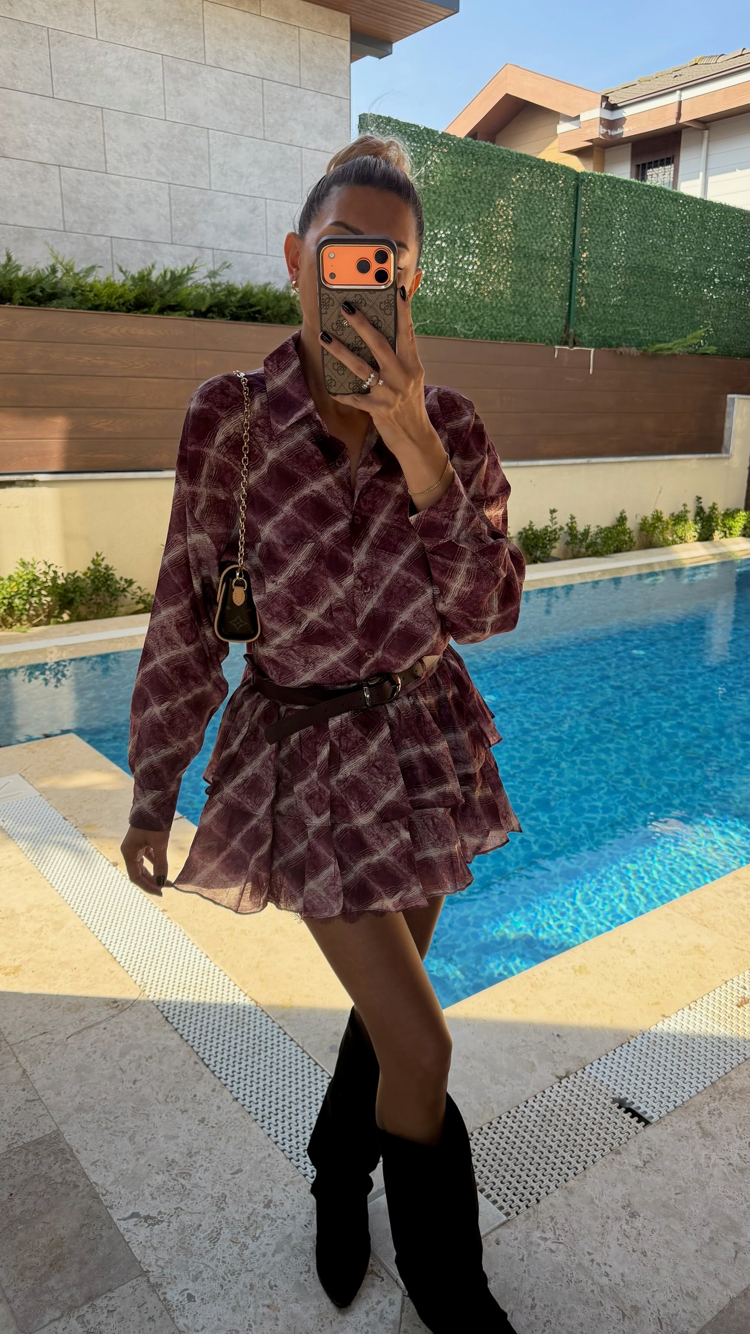 Ekose Desenli Kemerli Gömlek Etek Takım Bordo