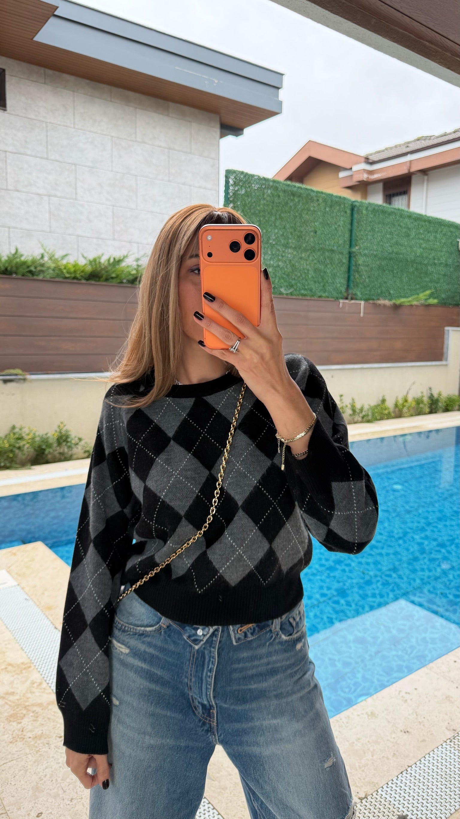 Vintage Baklava Desenli Kazak Siyah Gri