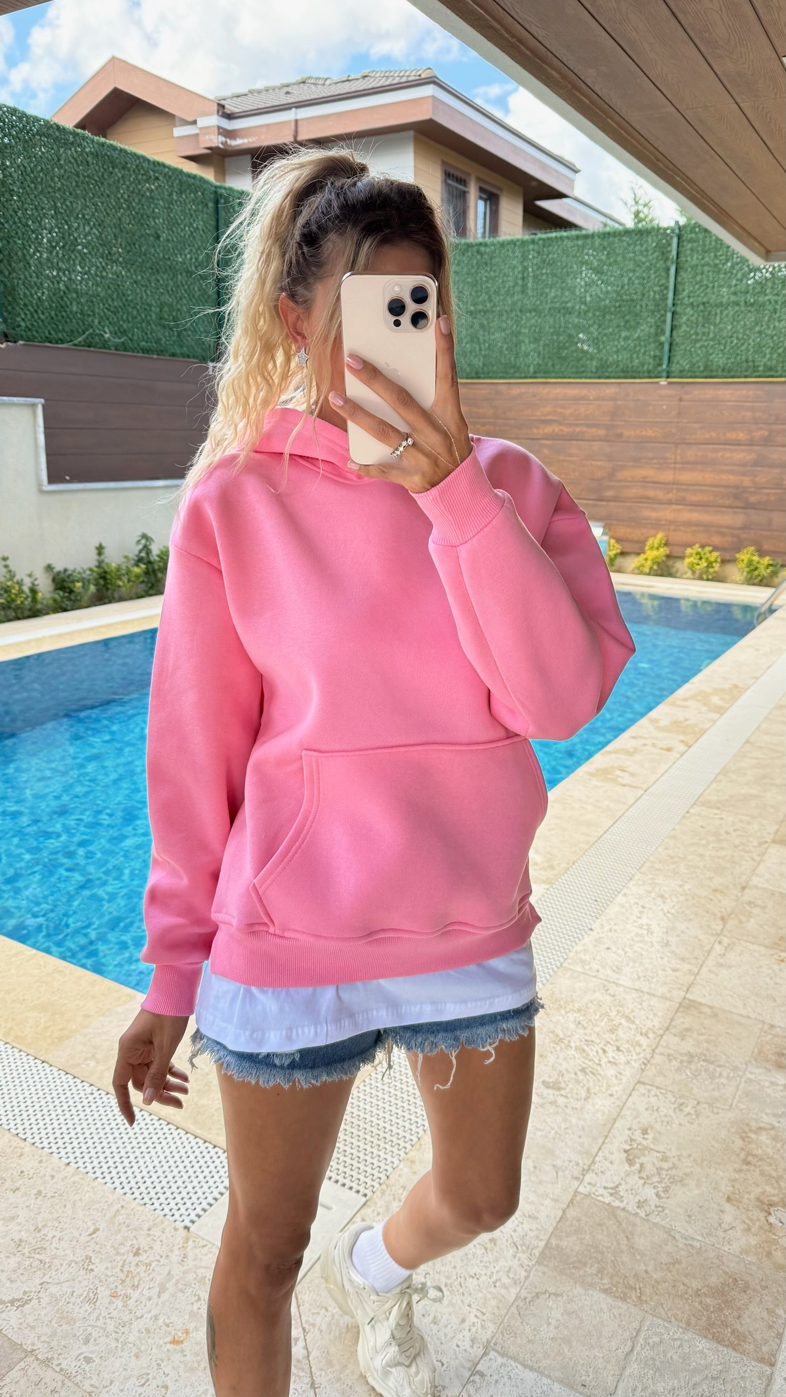 Tişört Detaylı Kapüşonlu Sweatshirt Pembe