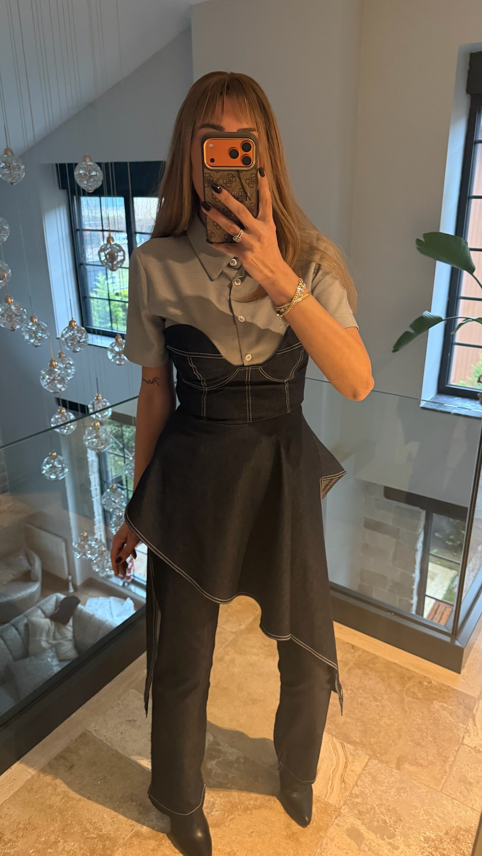 Asimetrik Kesimli Kot Büstiyer Pantolon Gömlek Üçlü Takım Siyah