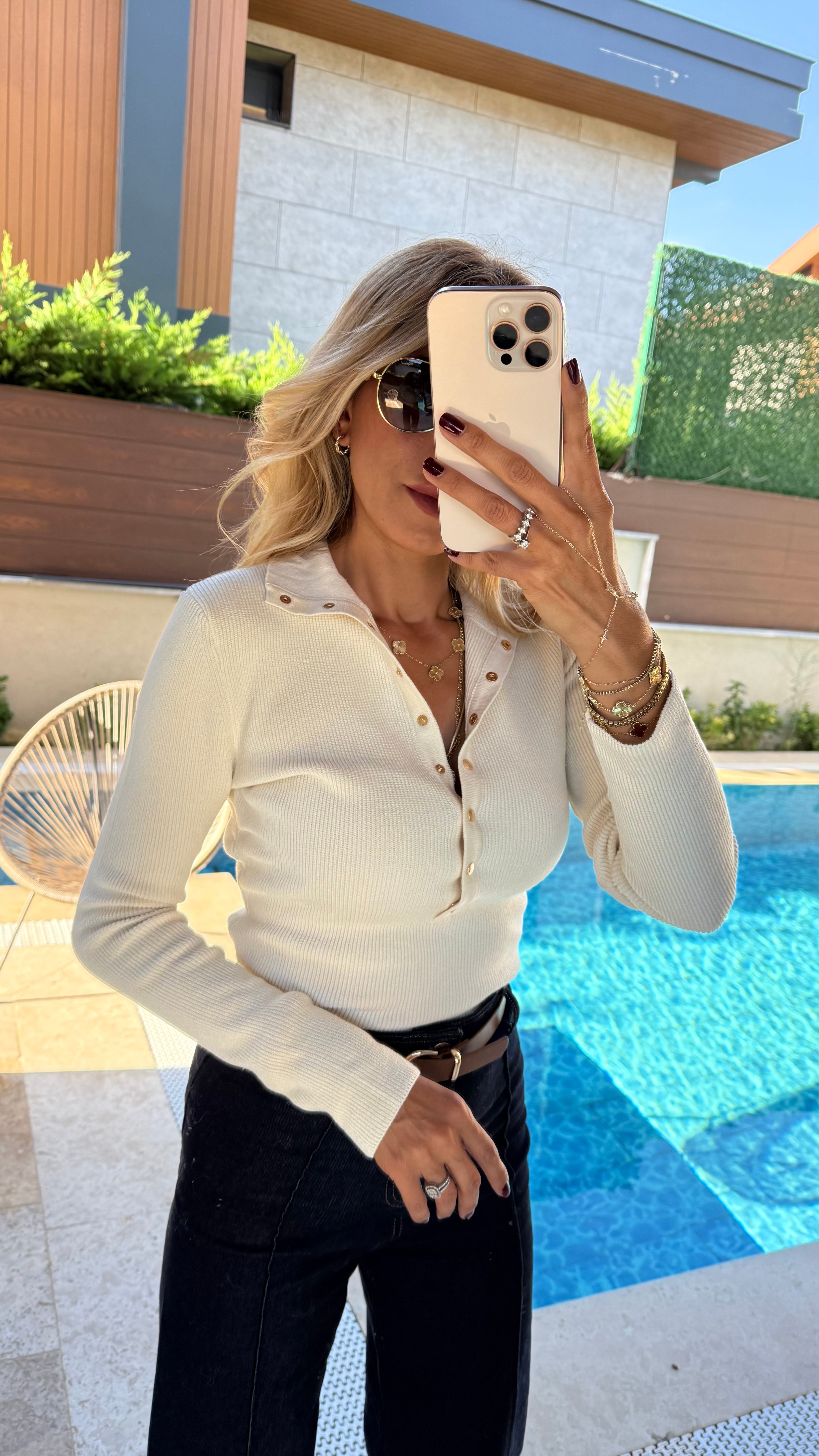 DİLVİN Dik Yaka Çıtçıtlı Triko Kazak Bej