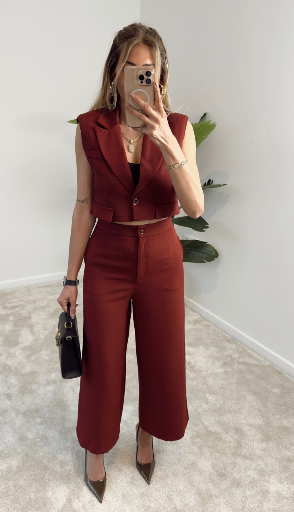 Hery Crop Ceket Pantolon Takım Bordo