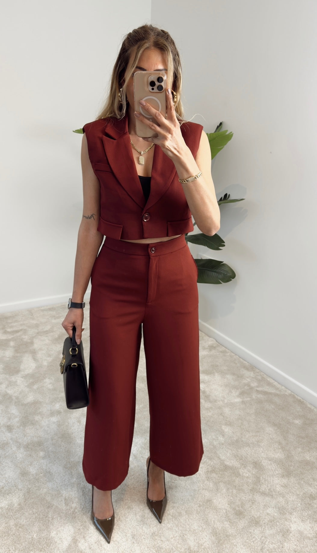 Hery Crop Ceket Pantolon Takım Bordo