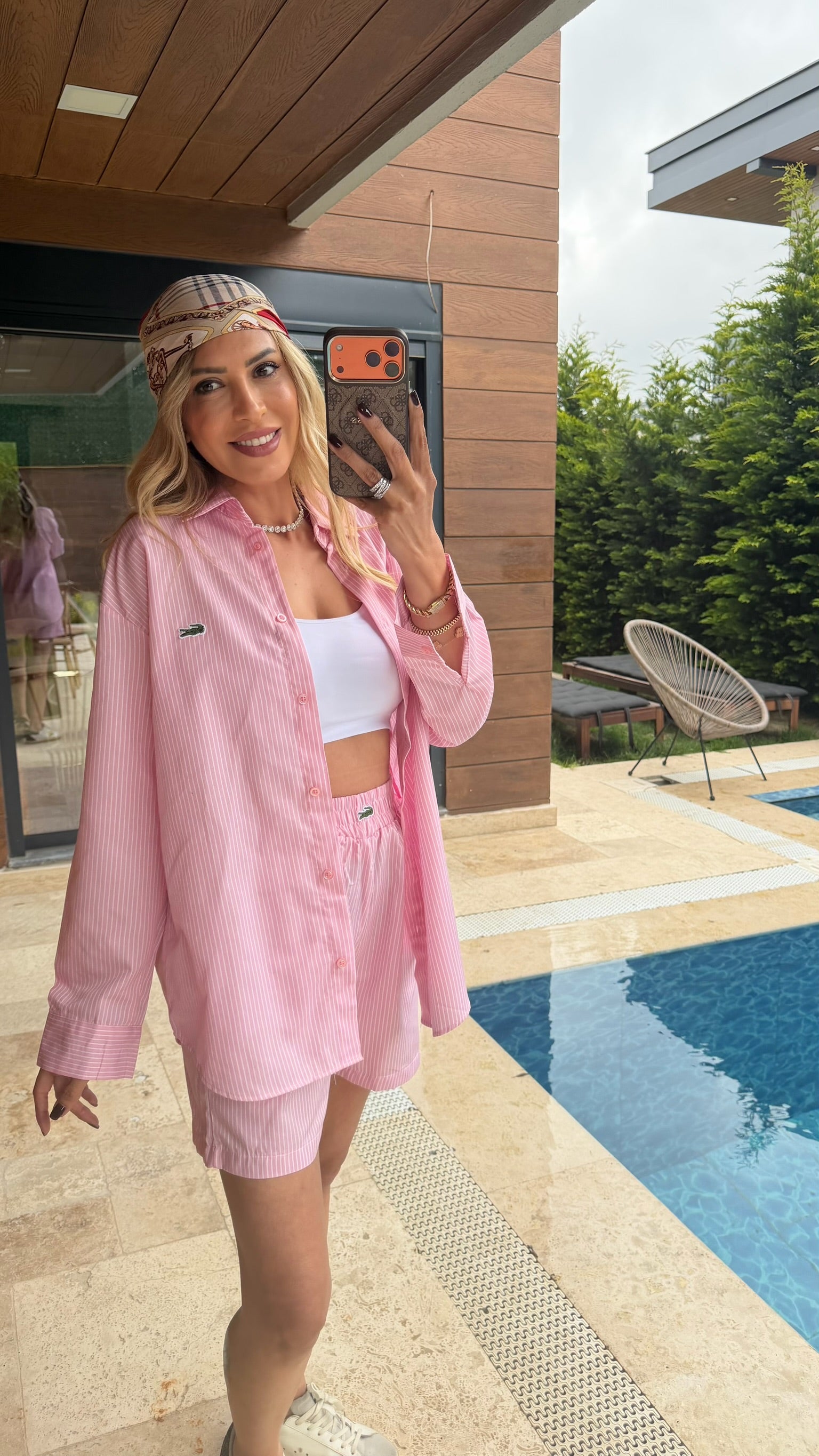 LCST Çizgili Gömlek Şort Takım Pembe