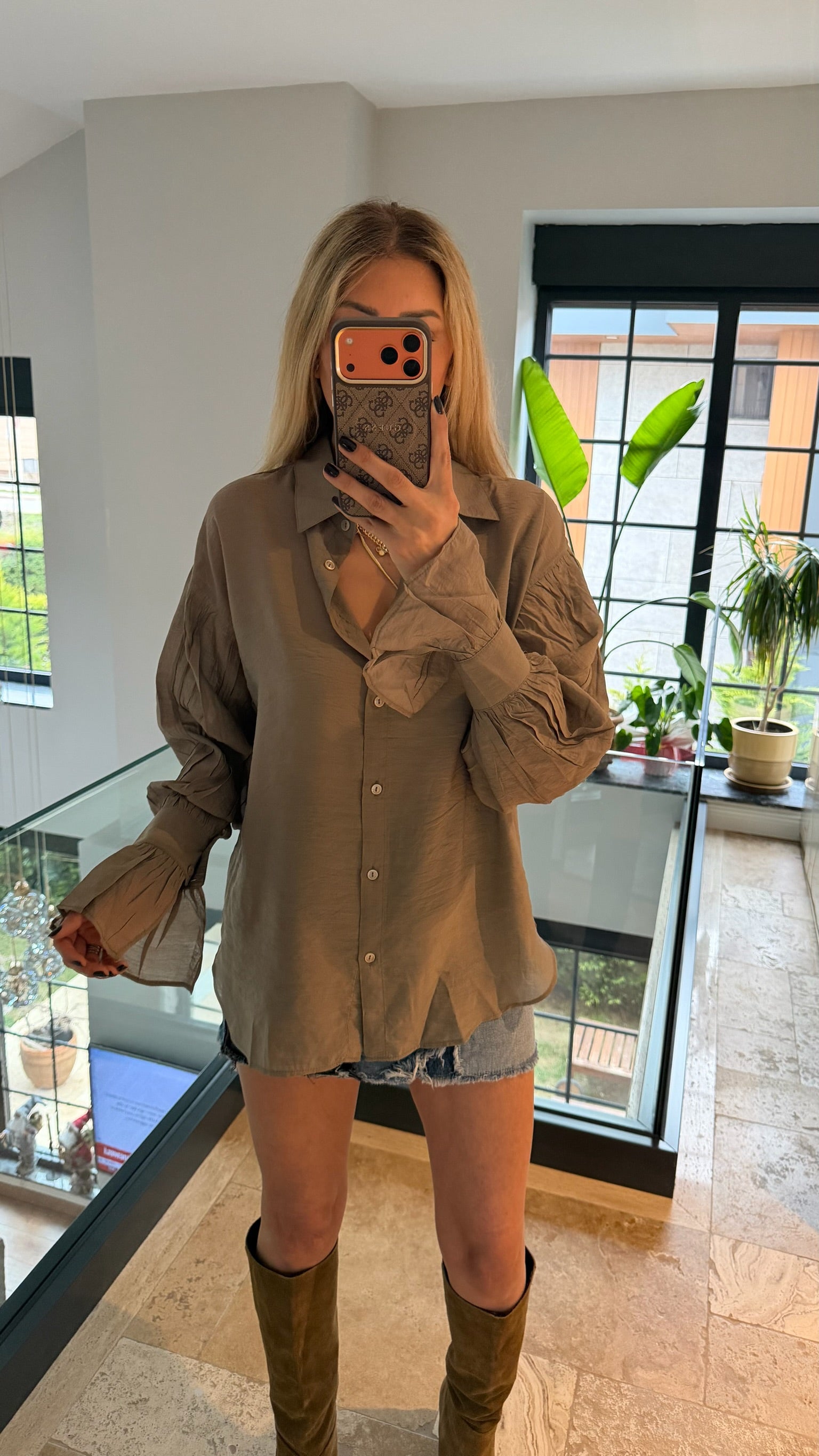 Kol Büzgülü Gömlek Vizon