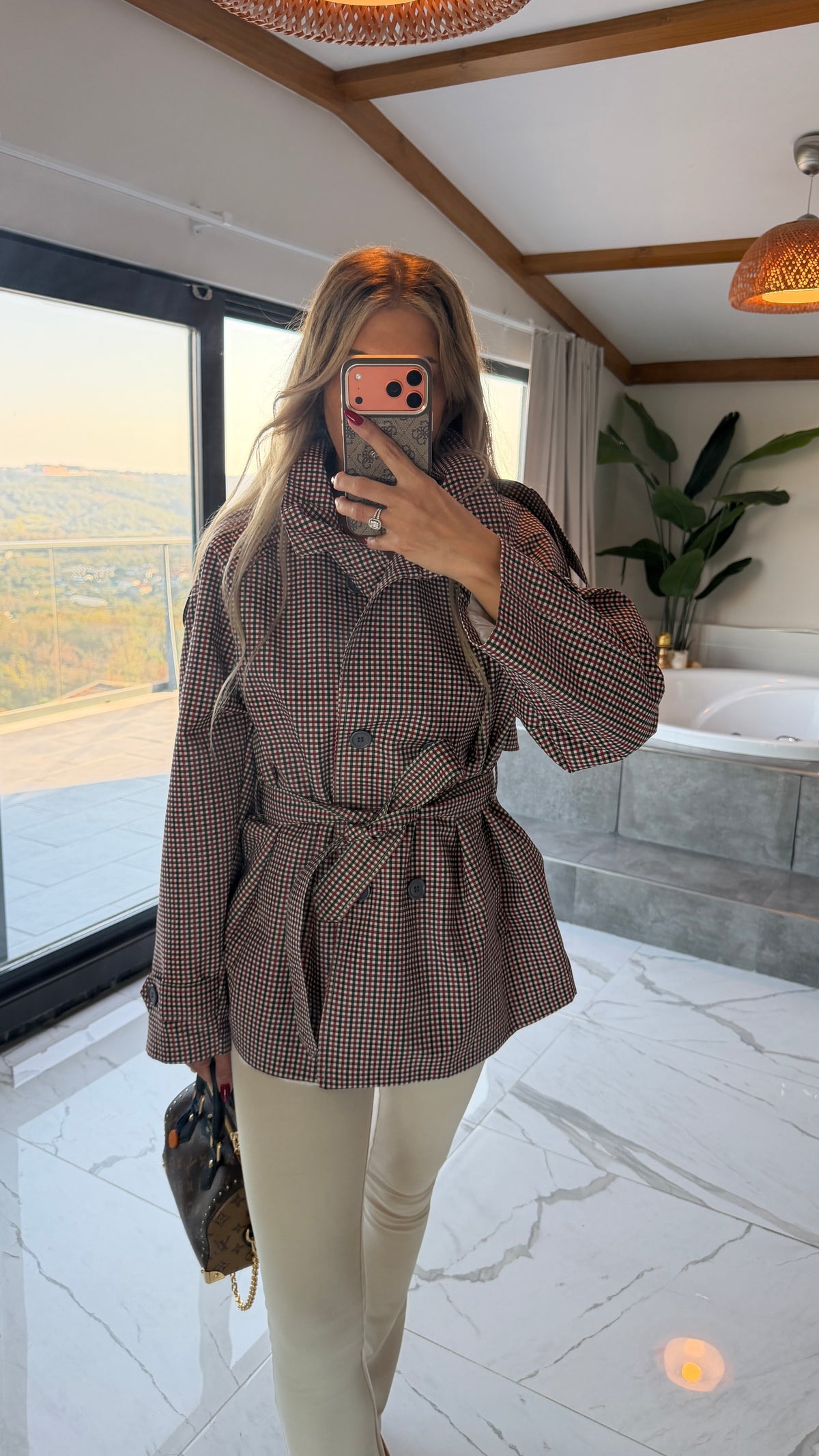 Bordo  Ekose Desenli Kemerli Blazer Ceket