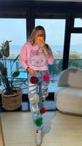 Çiçekli Renkli Aplik Detaylı Denim