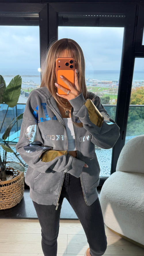 Baskı Kalp Detaylı Fermuarlı Kapjüşonlu Sweatshirt