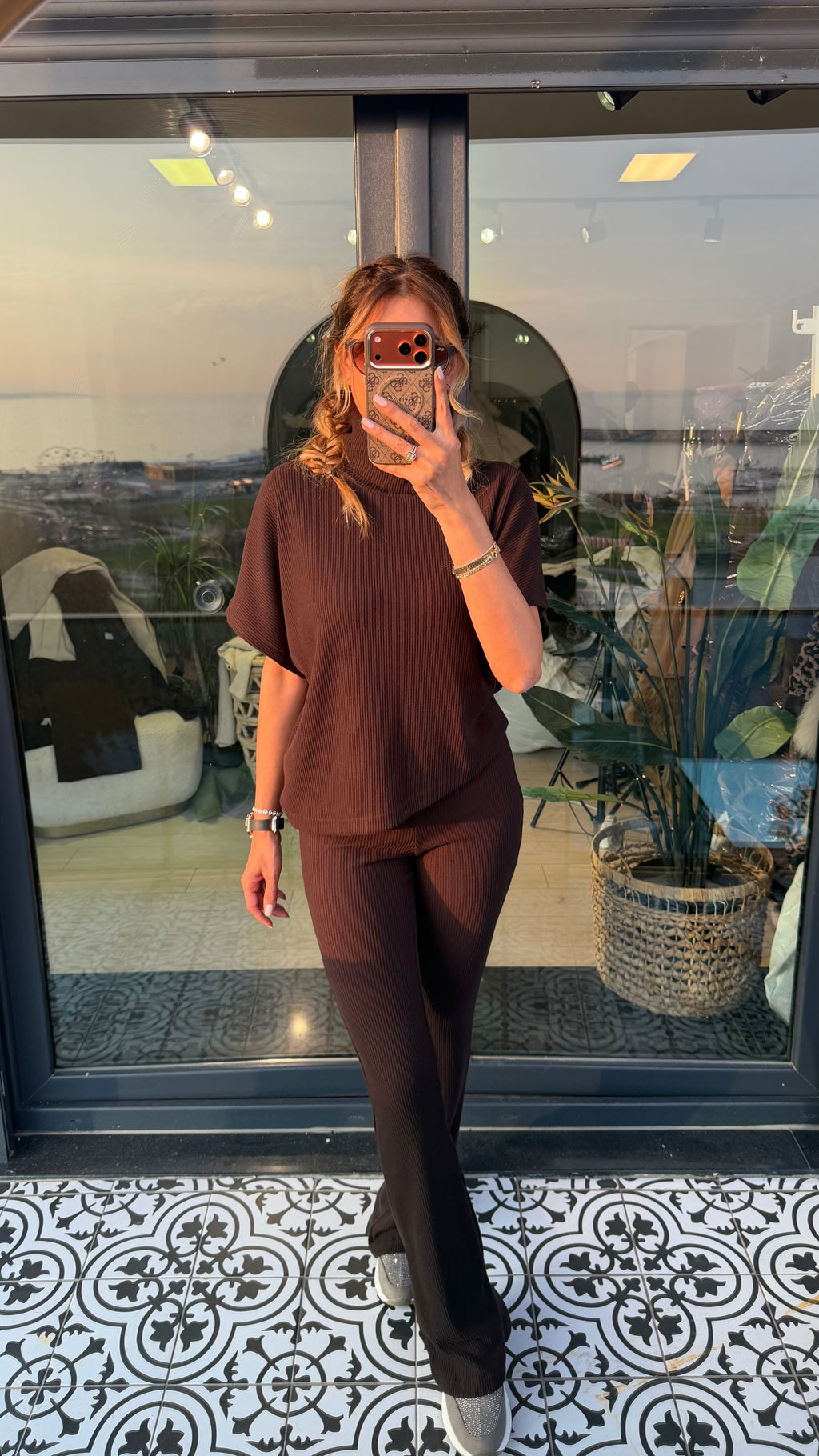 Kısa kollu ispanyol paça ikili takım kahverengi