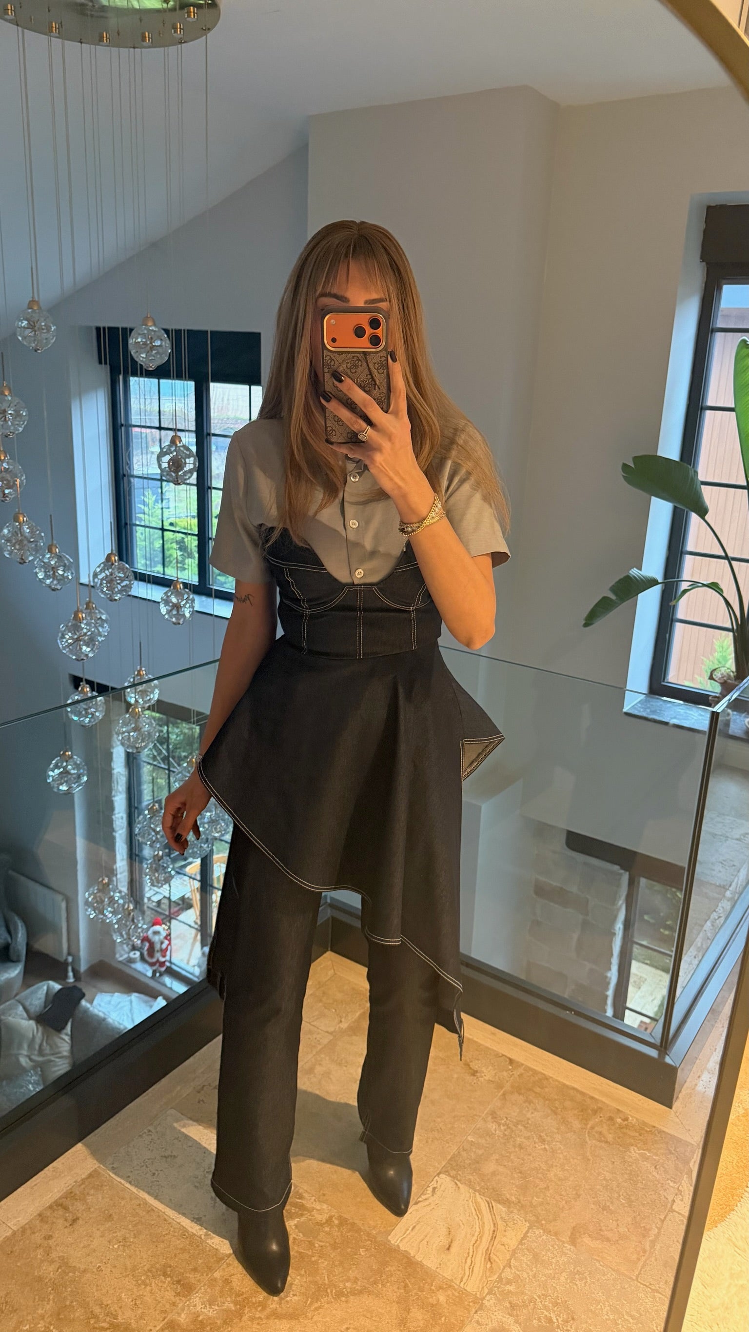 Asimetrik Kesimli Kot Büstiyer Pantolon Gömlek Üçlü Takım Siyah