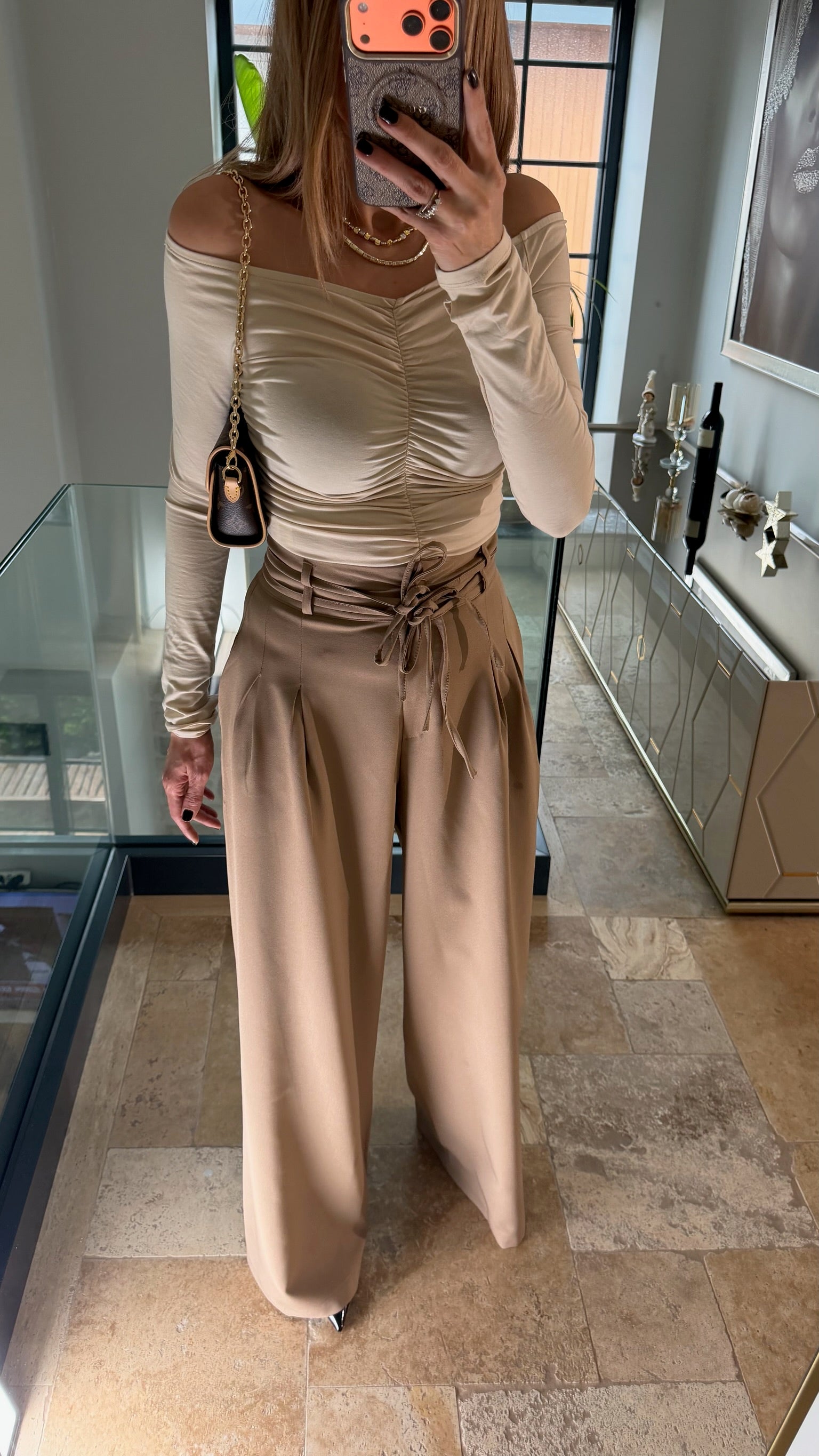 Çift Bağcıklı Kemerli Palazzo Pantolon Bej
