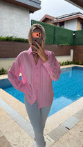 Kendinden Desenli Transparan Gömlek Toz Pembe