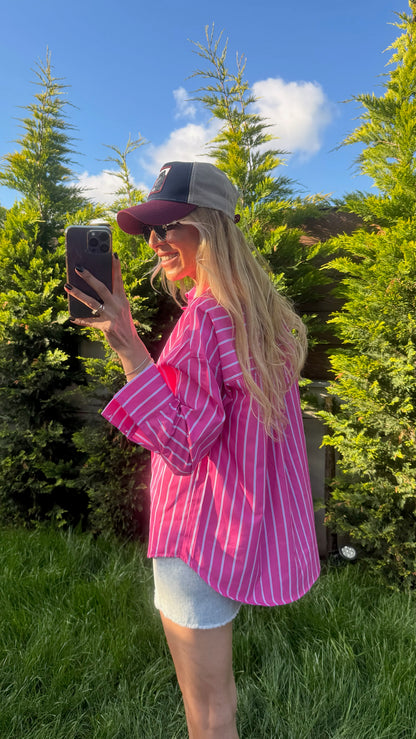 Çizgili Poplin Gömlek Pembe