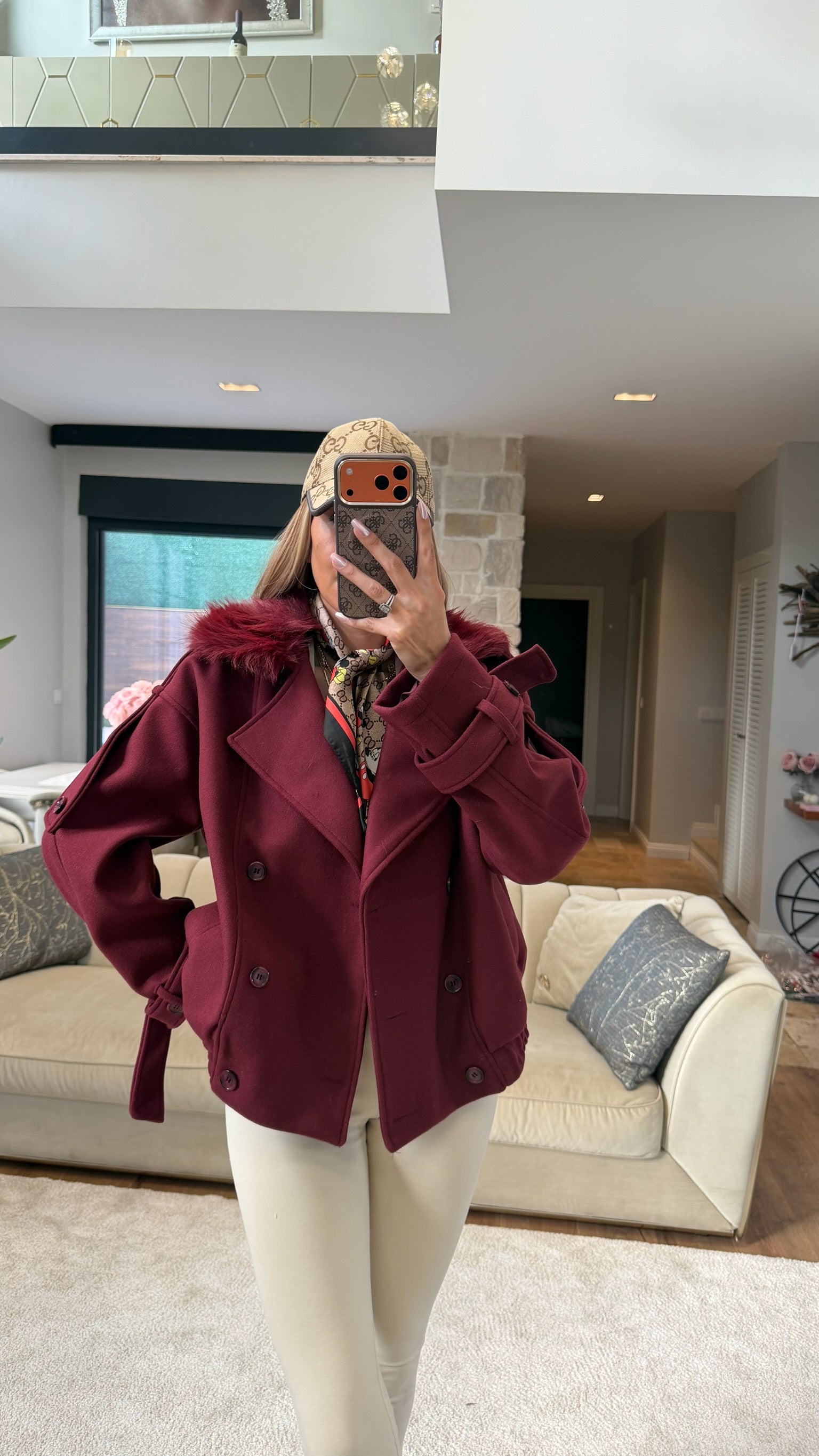 Kürk Yaka Kısa Kaşe Bordo